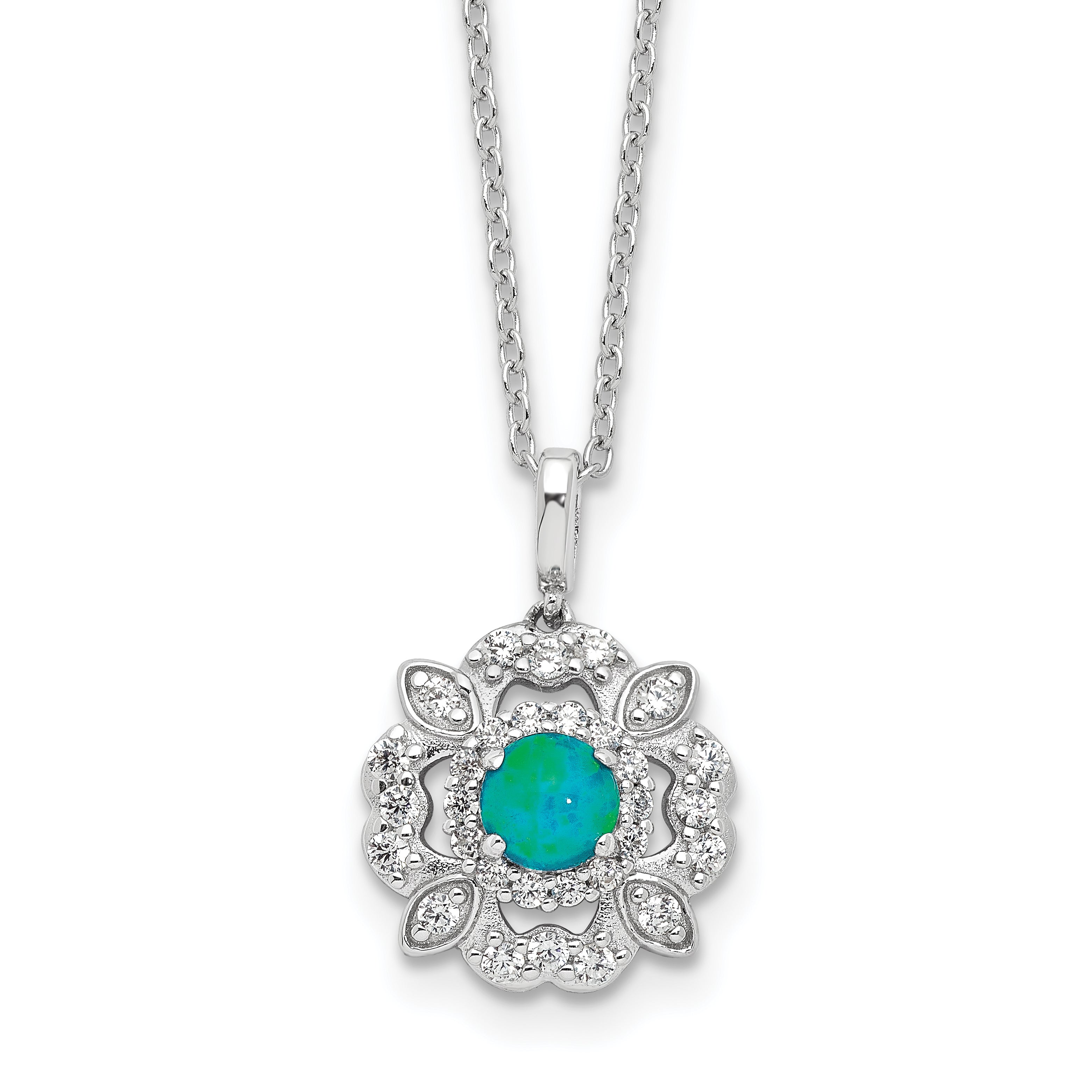 Cheryl M Sterling Silver Rhodium-plated Cabochon Lab Created Blue Opal and Brilliant-cut CZ 18 Inch Necklace with 2 Inch Extender