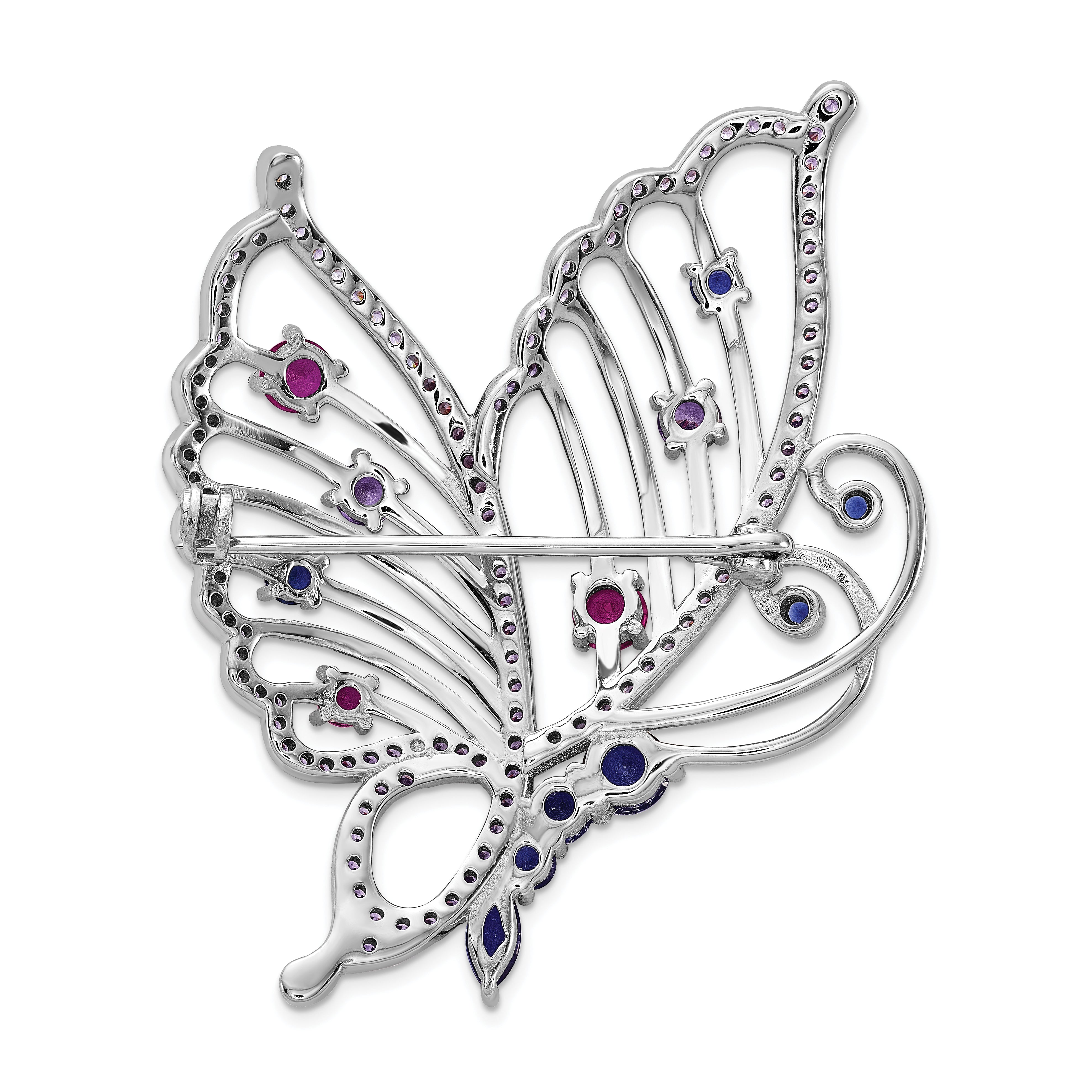 Cheryl M Sterling Silver Rhodium-plated Brilliant-cut Lab Created Ruby/Marquise-cut and Brilliant-cut Lab Created Sapphire/Brilliant-cut Purple CZ Butterfly Pin