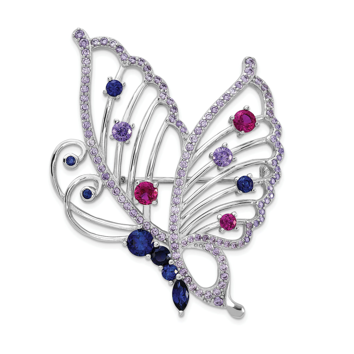 Cheryl M Sterling Silver Rhodium-plated Brilliant-cut Lab Created Ruby/Marquise-cut and Brilliant-cut Lab Created Sapphire/Brilliant-cut Purple CZ Butterfly Pin