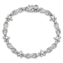 Cheryl M Sterling Silver Rhodium-plated Brilliant-cut CZ & Glass Pearl Floral Infinity 7.25 Inch Bracelet