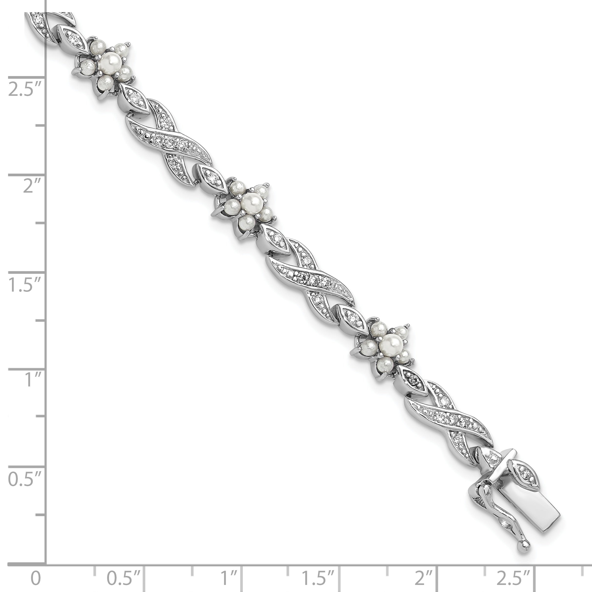 Cheryl M Sterling Silver Rhodium-plated Brilliant-cut CZ & Glass Pearl Floral Infinity 7.25 Inch Bracelet
