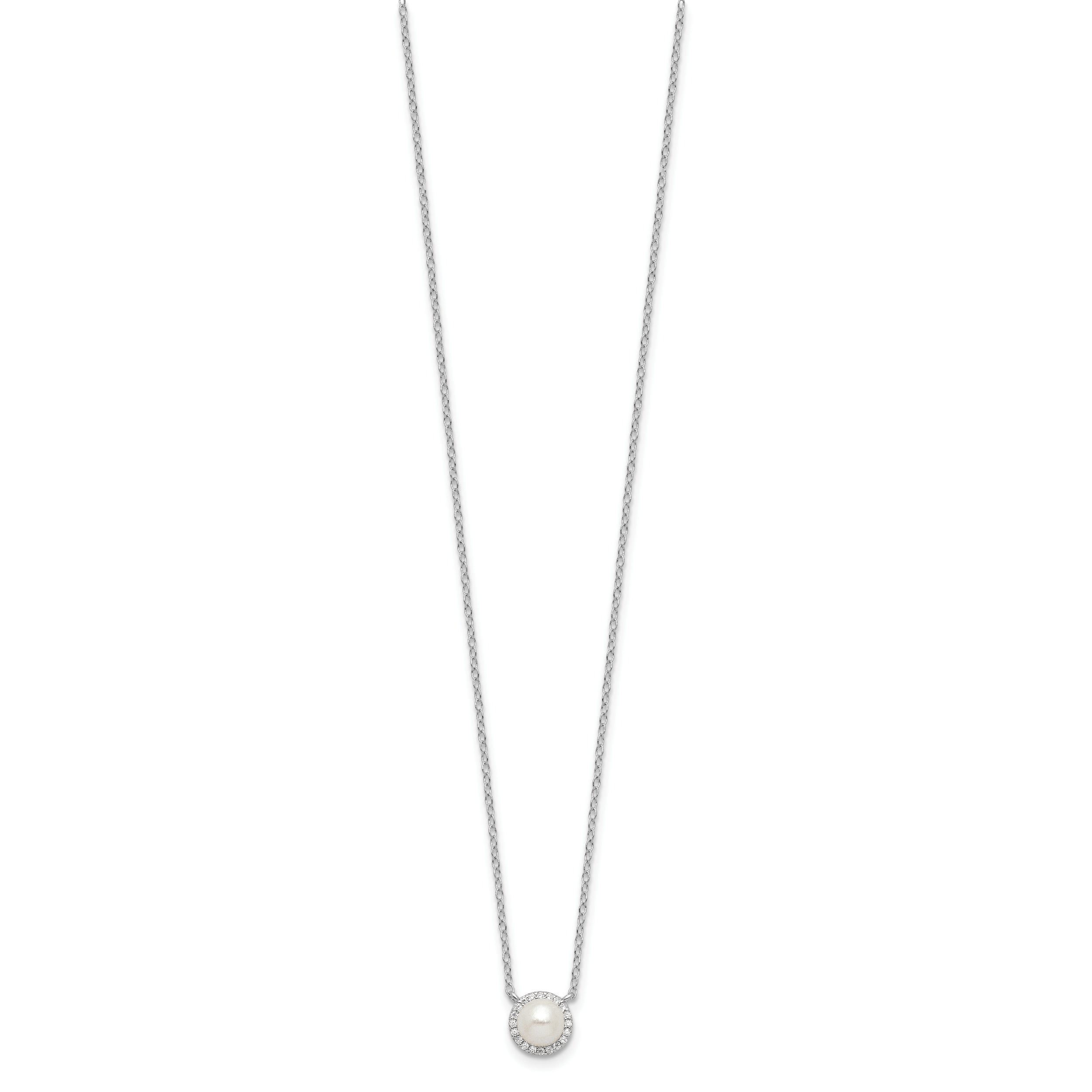 Cheryl M Sterling Silver Rhodium-plated Button Freshwater Cultured Pearl and Brilliant-cut CZ Halo 18 Inch Necklace