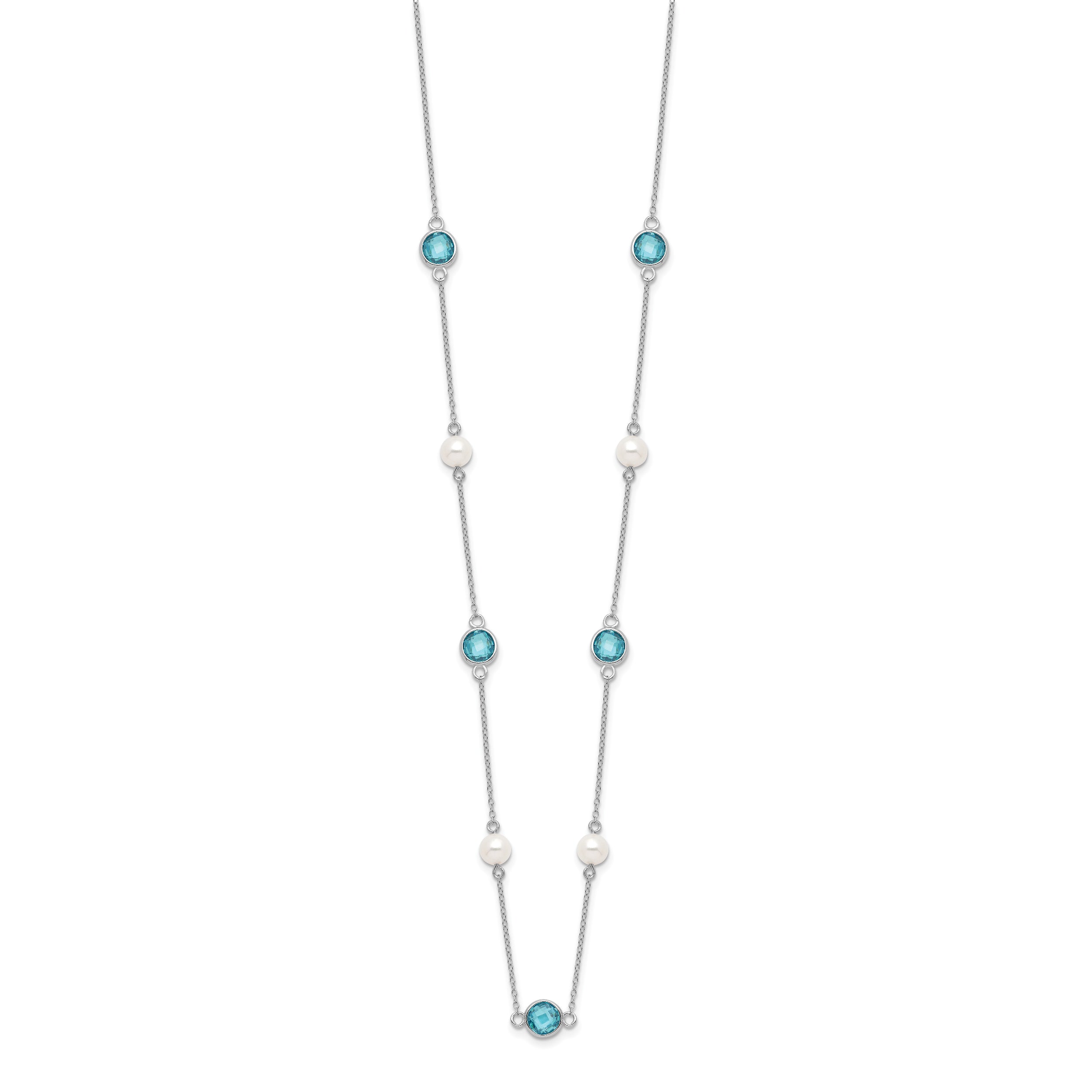 Cheryl M Sterling Silver Rhodium-plated Blue Double Pineapple-cut CZ & White Freshwater Cultured Pearl 9 Station 18 Inch Necklace with 2 Inch Extender