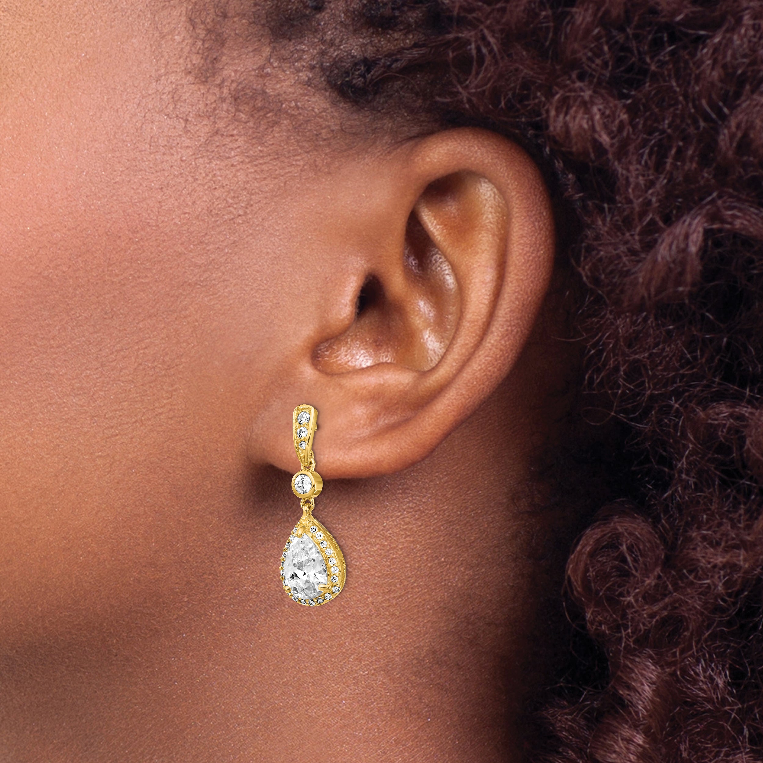 Cheryl M Sterling Silver Gold-plated Brilliant-cut CZ Teardrop and Bezel Halo Post Dangle Earrings