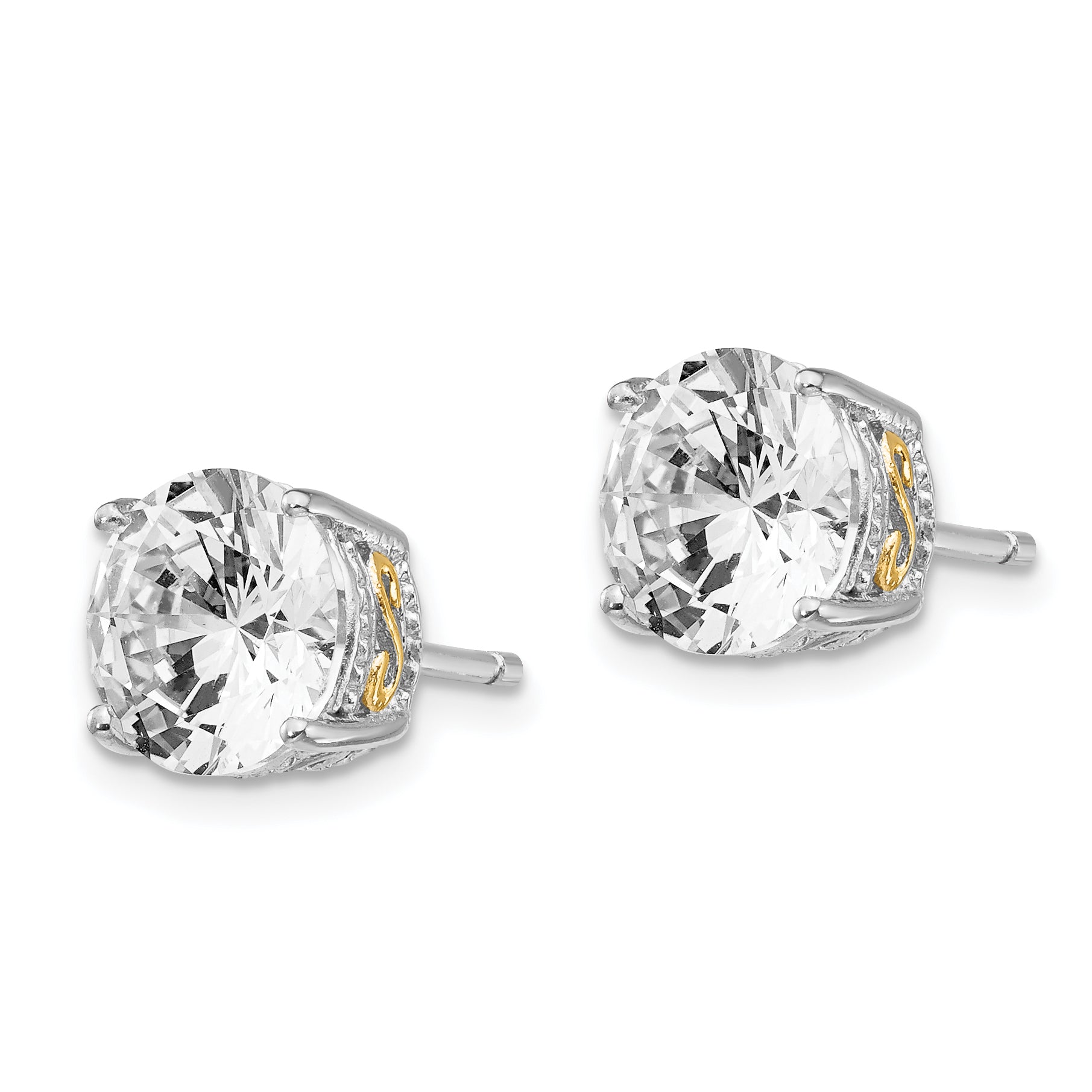 Cheryl M Sterling Silver Rhodium-plated with Gold-plated Accent Brilliant-cut 8mm CZ Stud Post Earrings