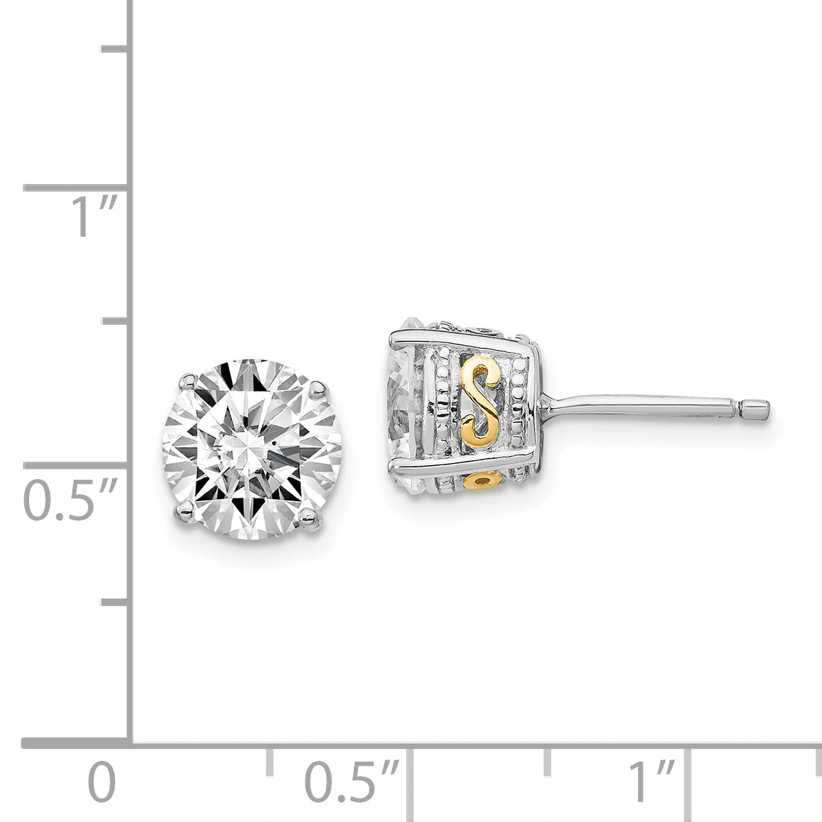 Cheryl M Sterling Silver Rhodium-plated with Gold-plated Accent Brilliant-cut 8mm CZ Stud Post Earrings