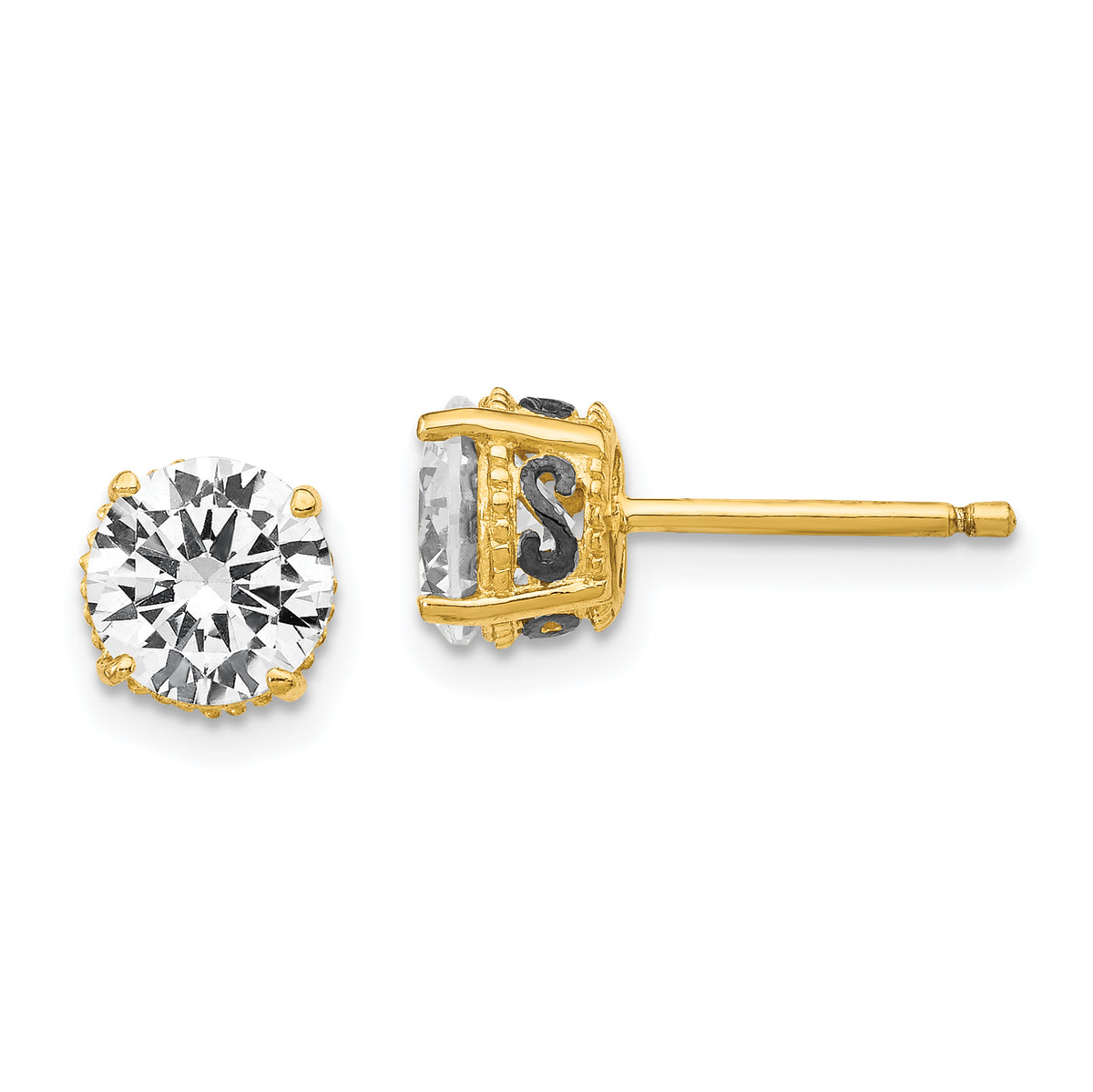 Cheryl M Sterling Silver Gold-plated with Black Rhodium Accent Brilliant-cut 6.5mm CZ Stud Post Earrings