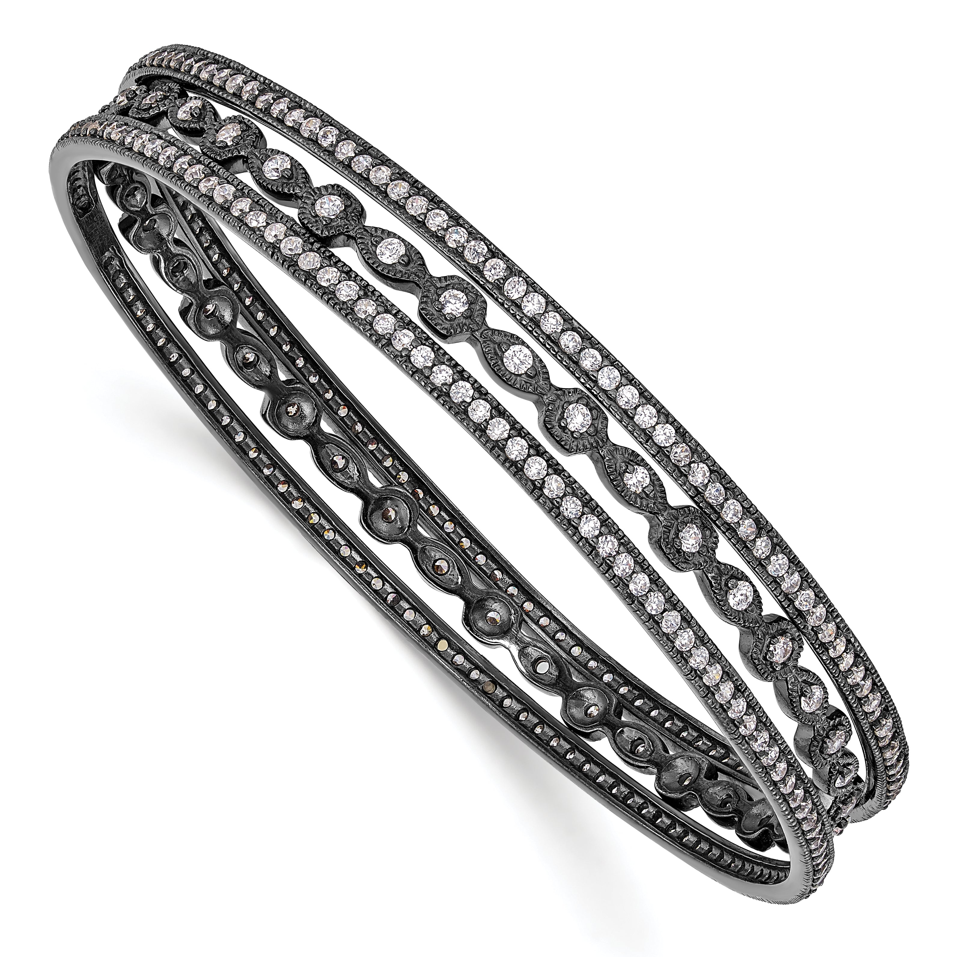 Cheryl M Sterling Silver Black-plated CZ Three Bangle Set Main image