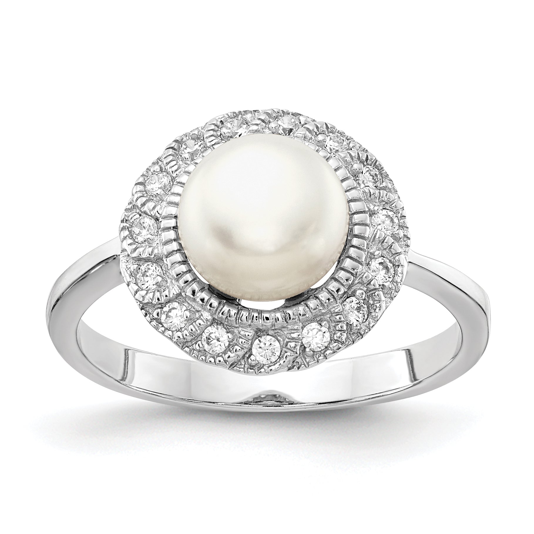 Cheryl M Sterling Silver Rhodium-plated Freshwater Cultured Pearl and Brilliant-cut CZ Ring Main image