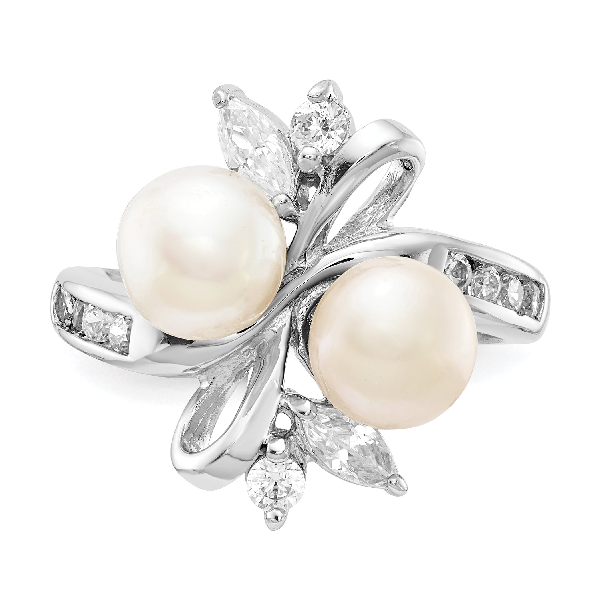 Cheryl M Sterling Silver Rhodium-plated Freshwater Cultured Pearl and Brilliant-cut CZ Leaves Ring