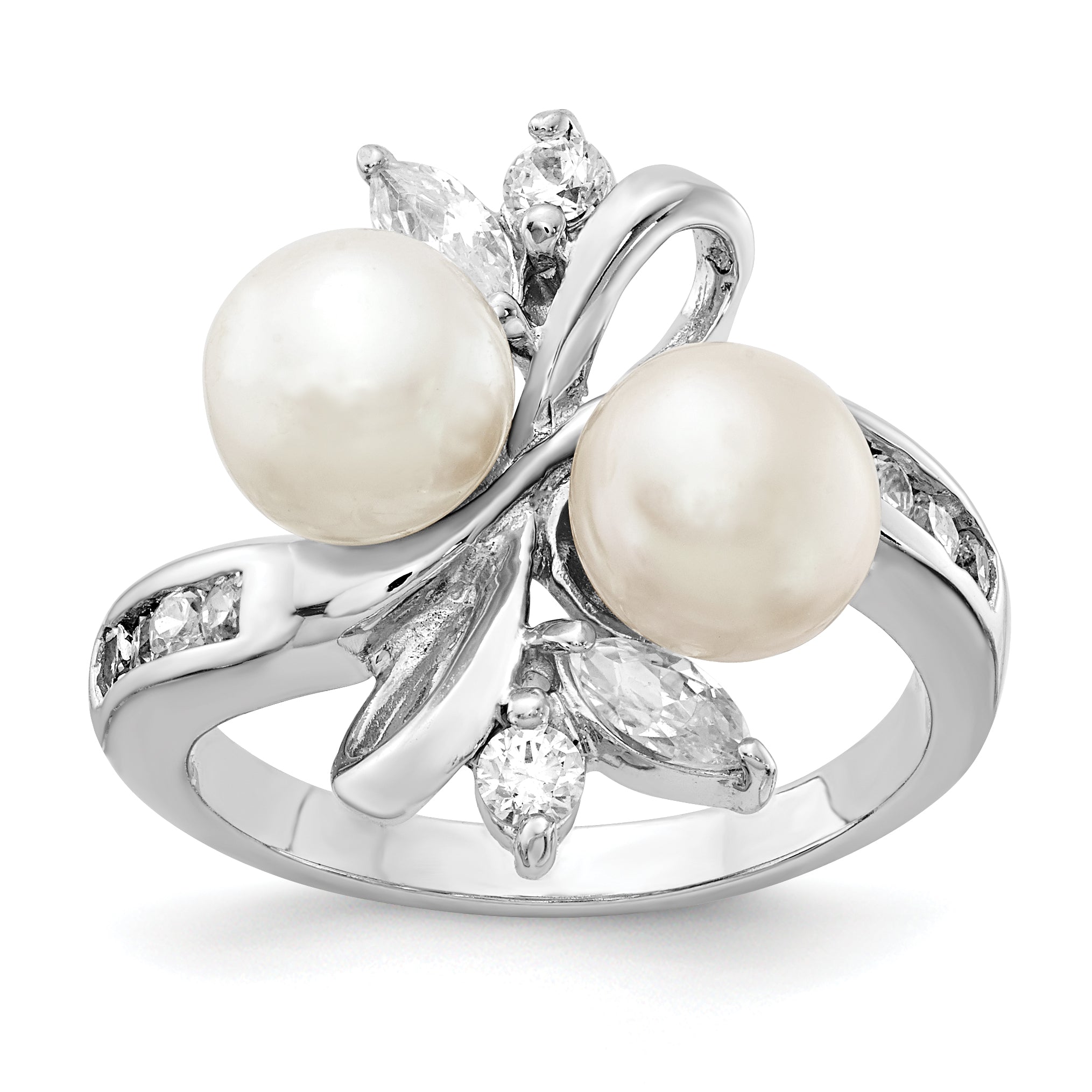 Cheryl M Sterling Silver Rhodium-plated Freshwater Cultured Pearl and Brilliant-cut CZ Leaves Ring Main image