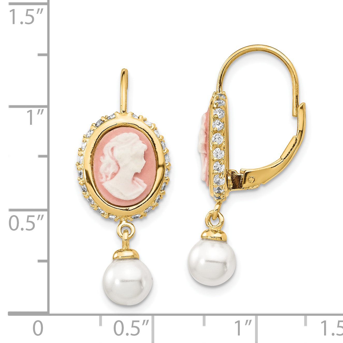 Cheryl M Sterling Silver Gold-plated Glass Pearl Brilliant-cut CZ & Resin Cameo Leverback Dangle Earrings