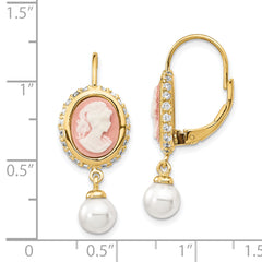 **Cheryl M 925 Sterling Silver Gold-Plated Pearl & CZ Dangle Earrings with Vintage Cameo**