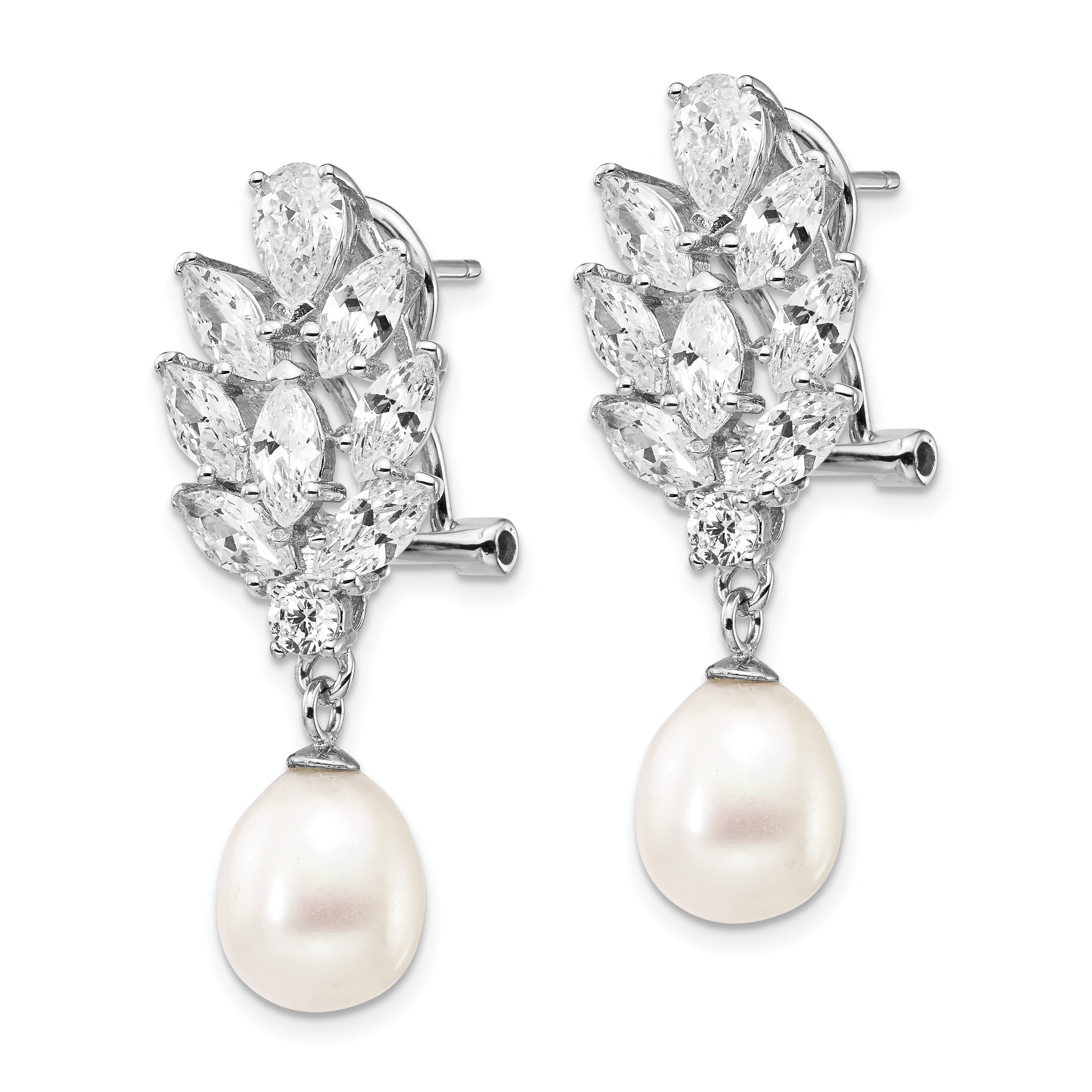 Cheryl M Sterling Silver Rhodium-plated Teardrop Freshwater Cultured Pearl Marquise-cut and Brilliant-cut CZ Fancy Omega Back Dangle Earrings