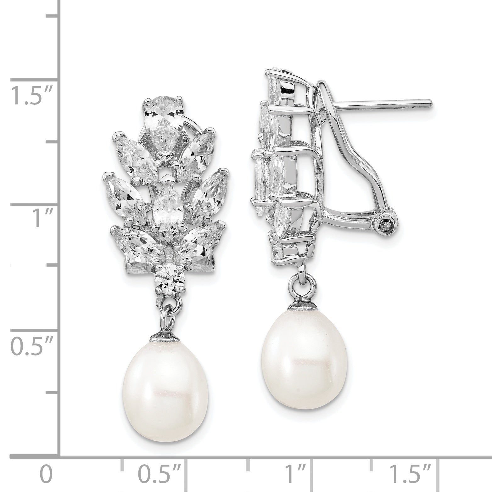 Cheryl M Sterling Silver Rhodium-plated Teardrop Freshwater Cultured Pearl Marquise-cut and Brilliant-cut CZ Fancy Omega Back Dangle Earrings