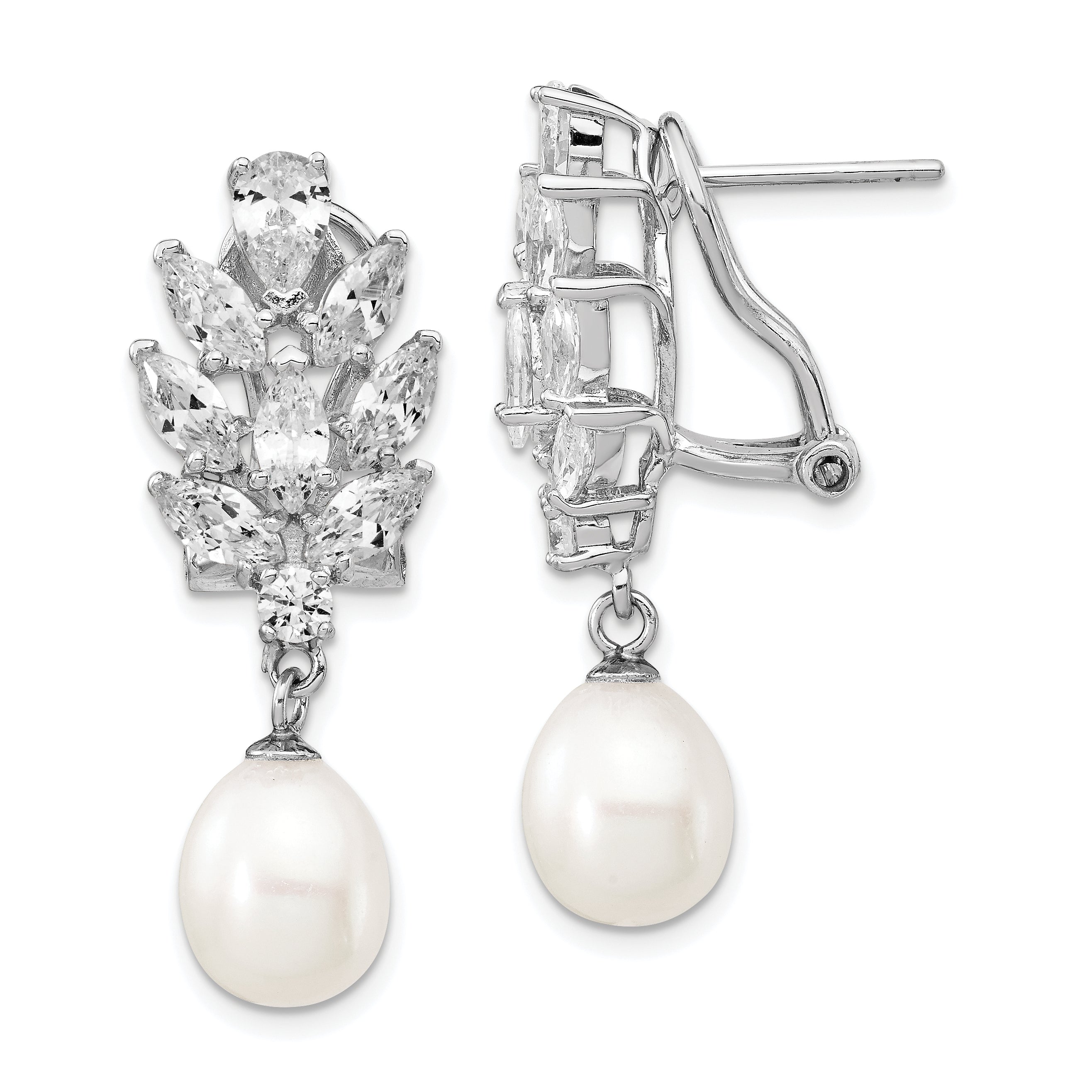 Cheryl M Sterling Silver Rhodium-plated Teardrop Freshwater Cultured Pearl Marquise-cut and Brilliant-cut CZ Fancy Omega Back Dangle Earrings Main image