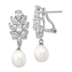 Cheryl M Sterling Silver Rhodium-plated Teardrop Freshwater Cultured Pearl Marquise-cut and Brilliant-cut CZ Fancy Omega Back Dangle Earrings