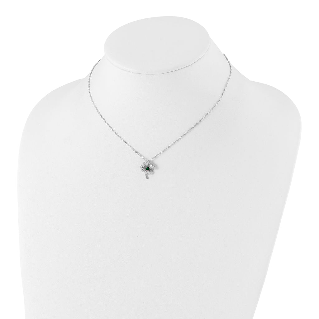 Cheryl M Sterling Silver Rhodium-plated Brilliant-cut Green Glass and Brilliant-cut White CZ Four Leaf Clover 15 Inch Necklace