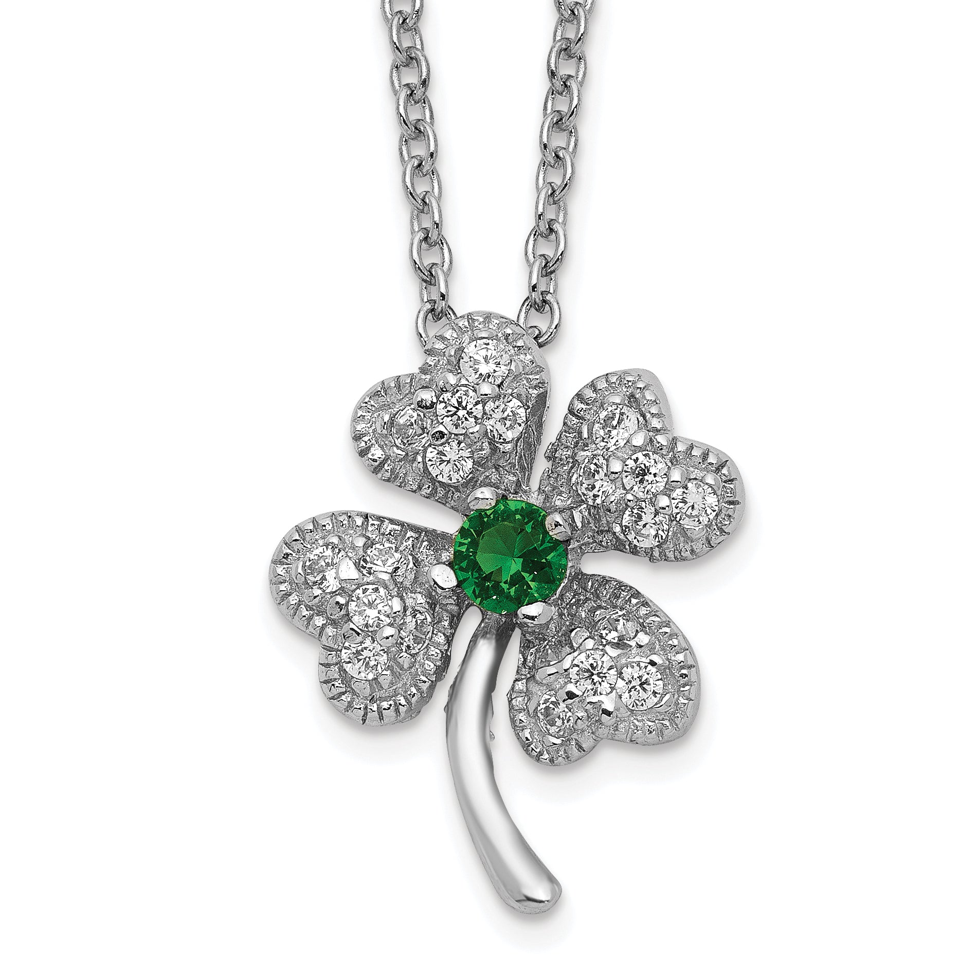 Cheryl M Sterling Silver Rhodium-plated Brilliant-cut Green Glass and Brilliant-cut White CZ Four Leaf Clover 15 Inch Necklace Main image