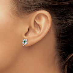 Cheryl Sterling Silver Rhodium-Plated Four Leaf Clover Earrings with Green Glass and CZ