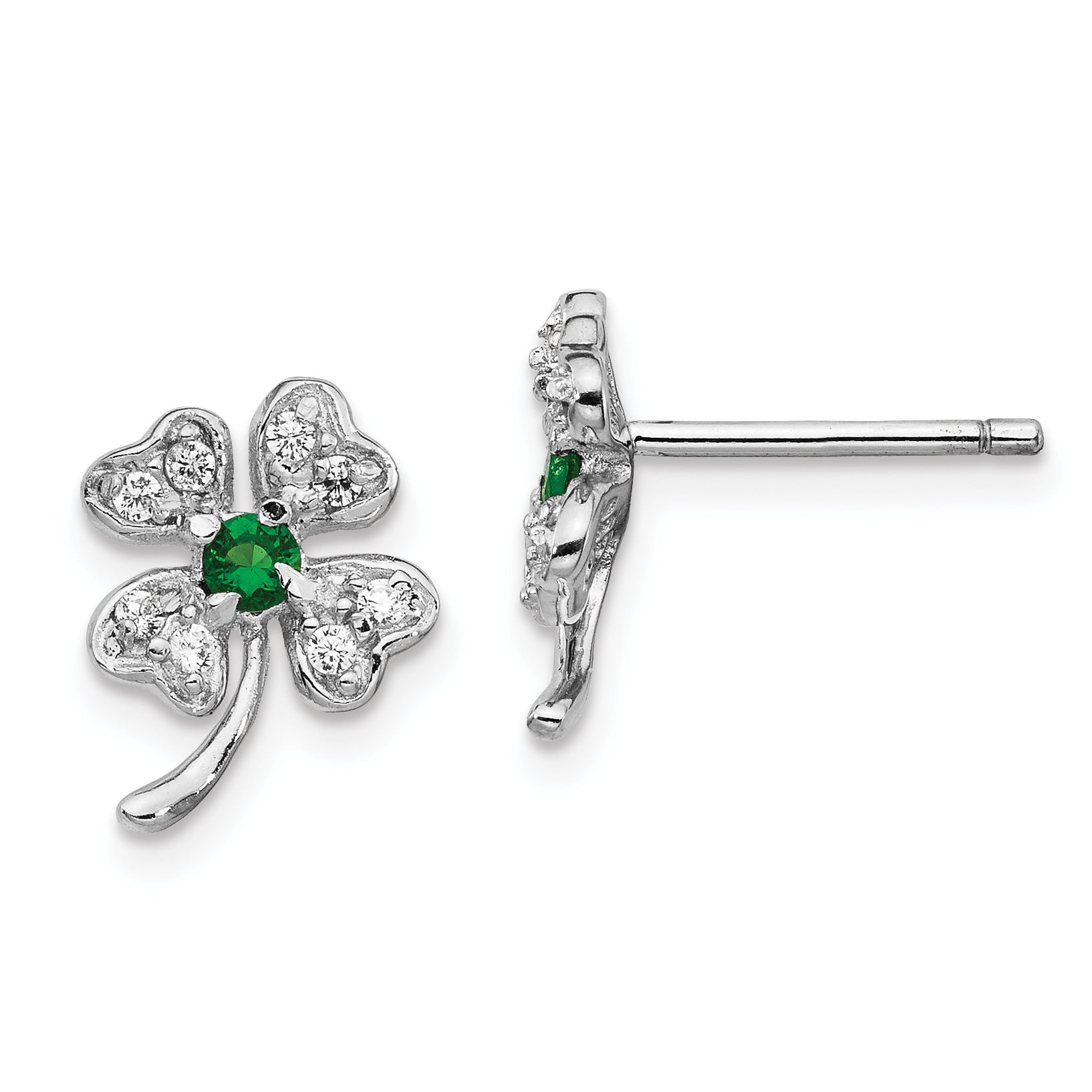 Cheryl M Sterling Silver Rhodium-plated Brilliant-cut Green Glass and Brilliant-cut White CZ Four Leaf Clover Post Earrings Main image