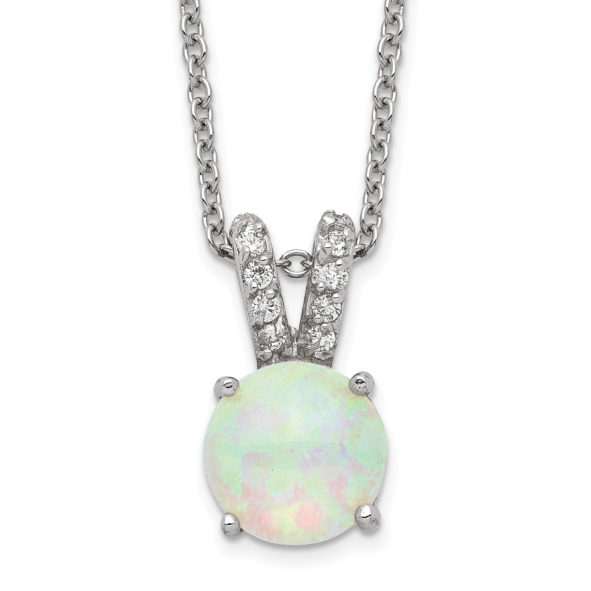 Cheryl M Sterling Silver Rhodium-plated Cabochon Lab Created Opal and Brilliant-cut CZ Split Bail 18 Inch Necklace Main image
