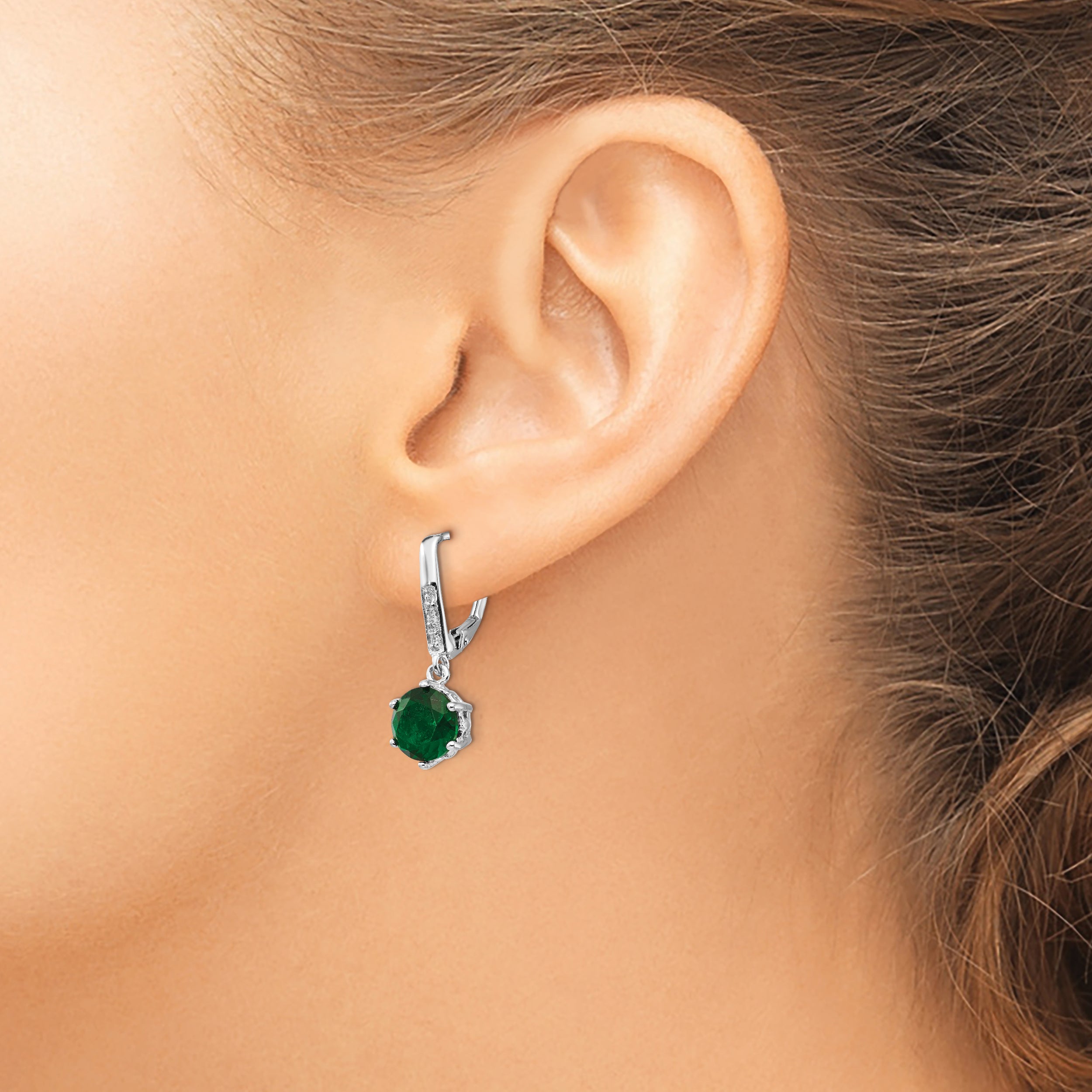 Cheryl Sterling Silver Rhodium-Plated Green Glass & CZ Dangle Earrings Elegant Leverback Design