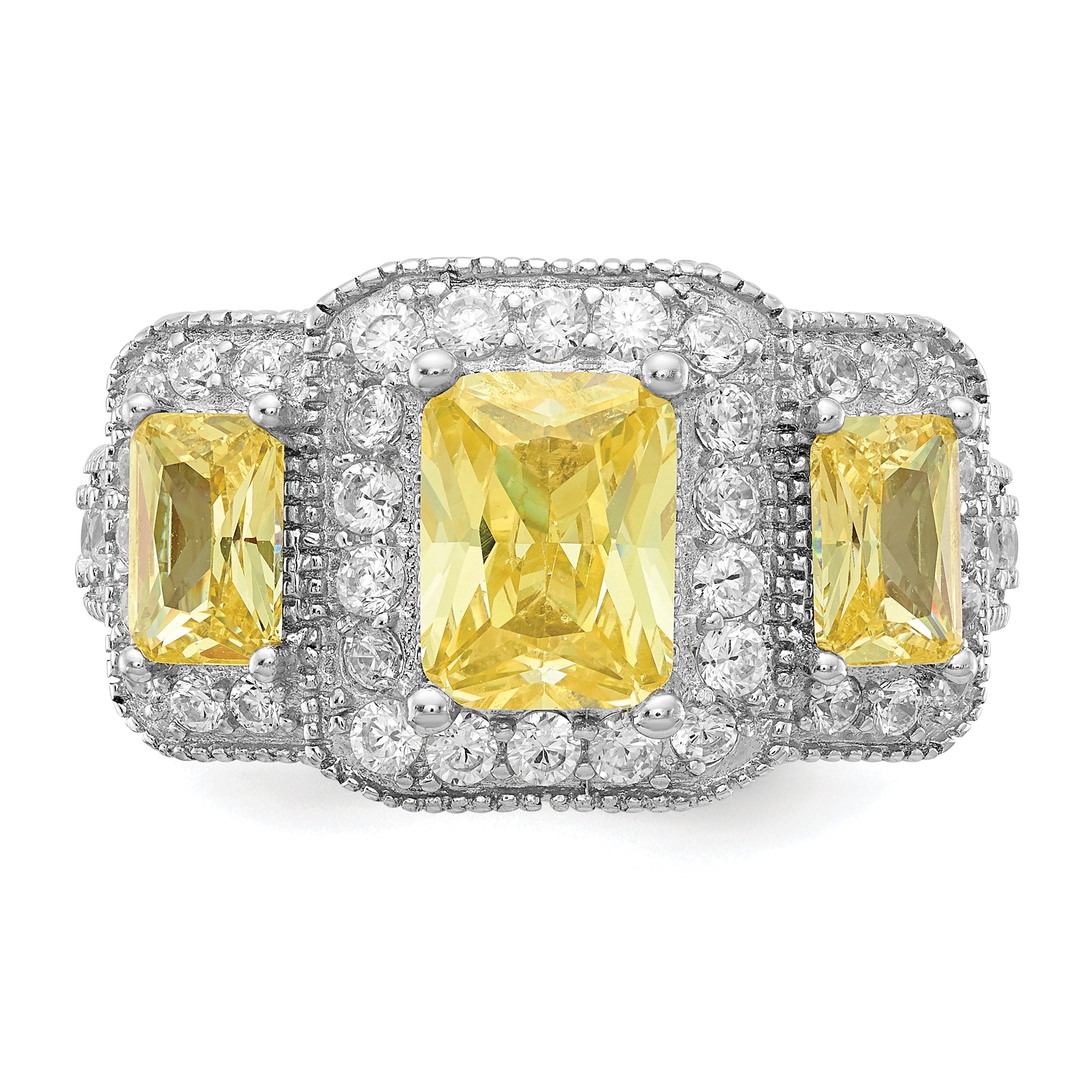 Cheryl M Sterling Silver Rhodium-plated Yellow Radiant-cut and White Brilliant-cut CZ 3 Stone Ring