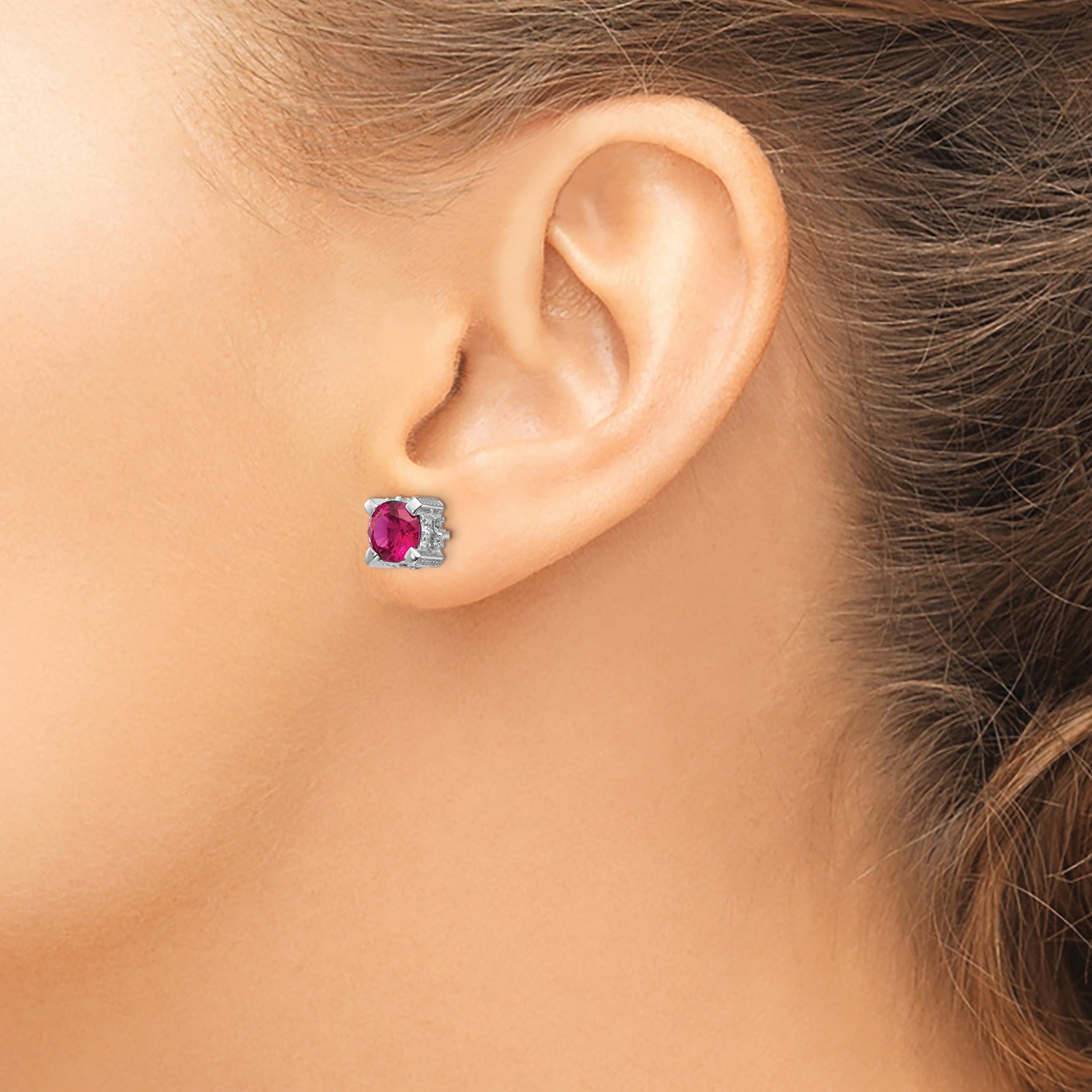 Cheryl M Sterling Silver Rhodium-plated Brilliant-cut 6.5mm Lab Created Ruby and Brilliant-cut White CZ Stud Post Earrings