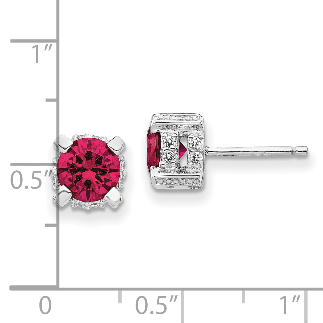 Cheryl M Sterling Silver Rhodium-plated Brilliant-cut 6.5mm Lab Created Ruby and Brilliant-cut White CZ Stud Post Earrings