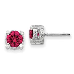 Cheryl M Sterling Silver Rhodium-plated Brilliant-cut 6.5mm Lab Created Ruby and Brilliant-cut White CZ Stud Post Earrings