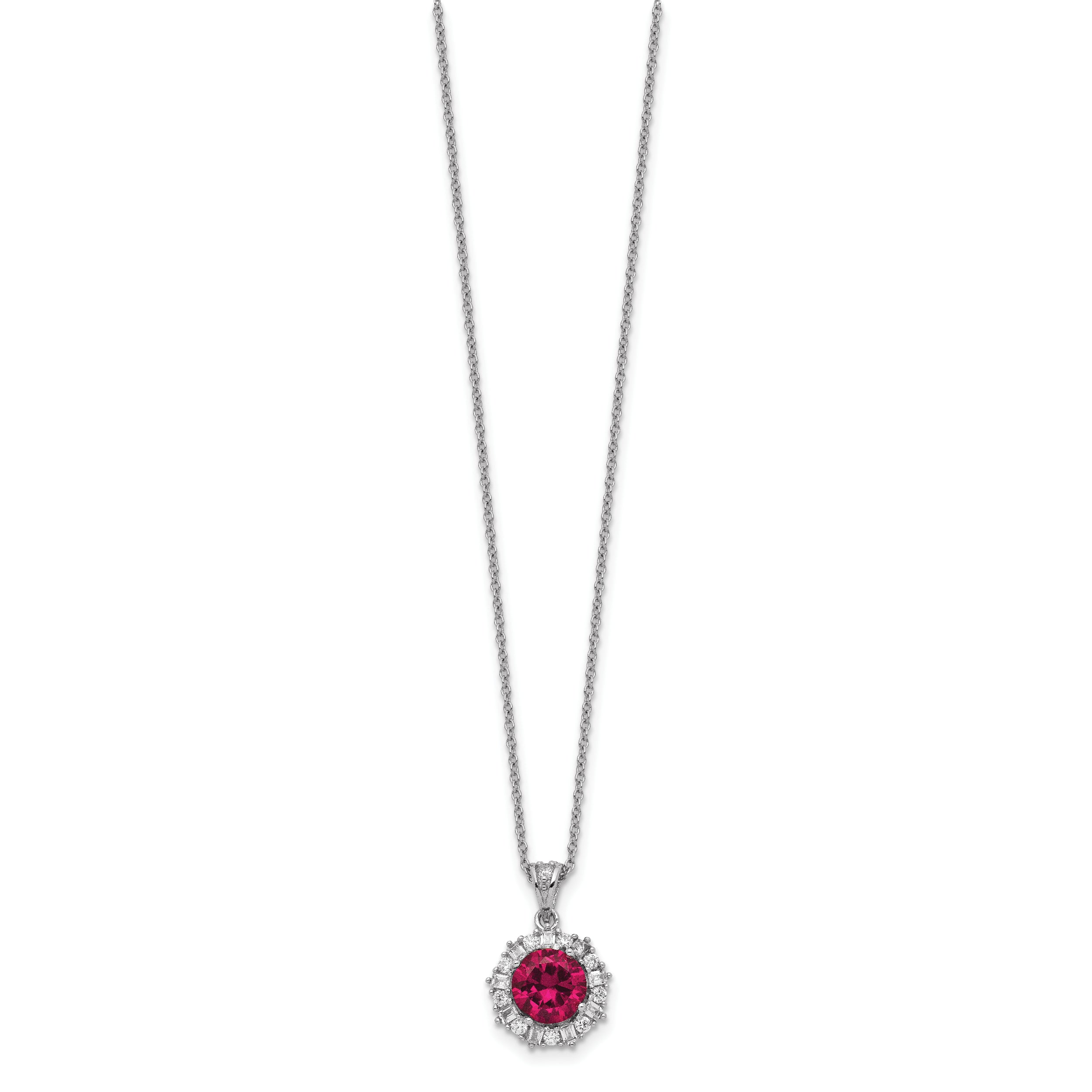 Cheryl M Sterling Silver Rhodium-plated Brilliant-cut Lab Created Ruby and Brilliant-cut/Baguette-cut White CZ 18 Inch Necklace