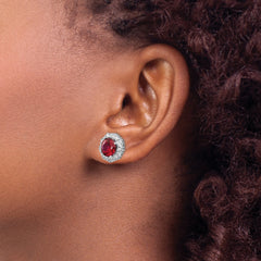 Sterling Silver Rhodium-Plated Ruby & White CZ Button Earrings Gift Ready