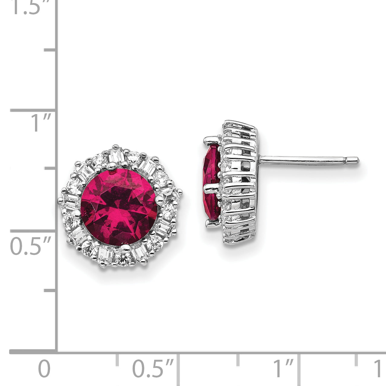 Cheryl M Sterling Silver Rhodium-plated Brilliant-cut Lab Created Ruby and Brilliant-cut/Baguette-cut White CZ Post Earrings