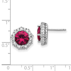 Sterling Silver Rhodium-Plated Ruby & White CZ Button Earrings Gift Ready