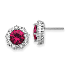 Cheryl M Sterling Silver Rhodium-plated Brilliant-cut Lab Created Ruby and Brilliant-cut/Baguette-cut White CZ Post Earrings