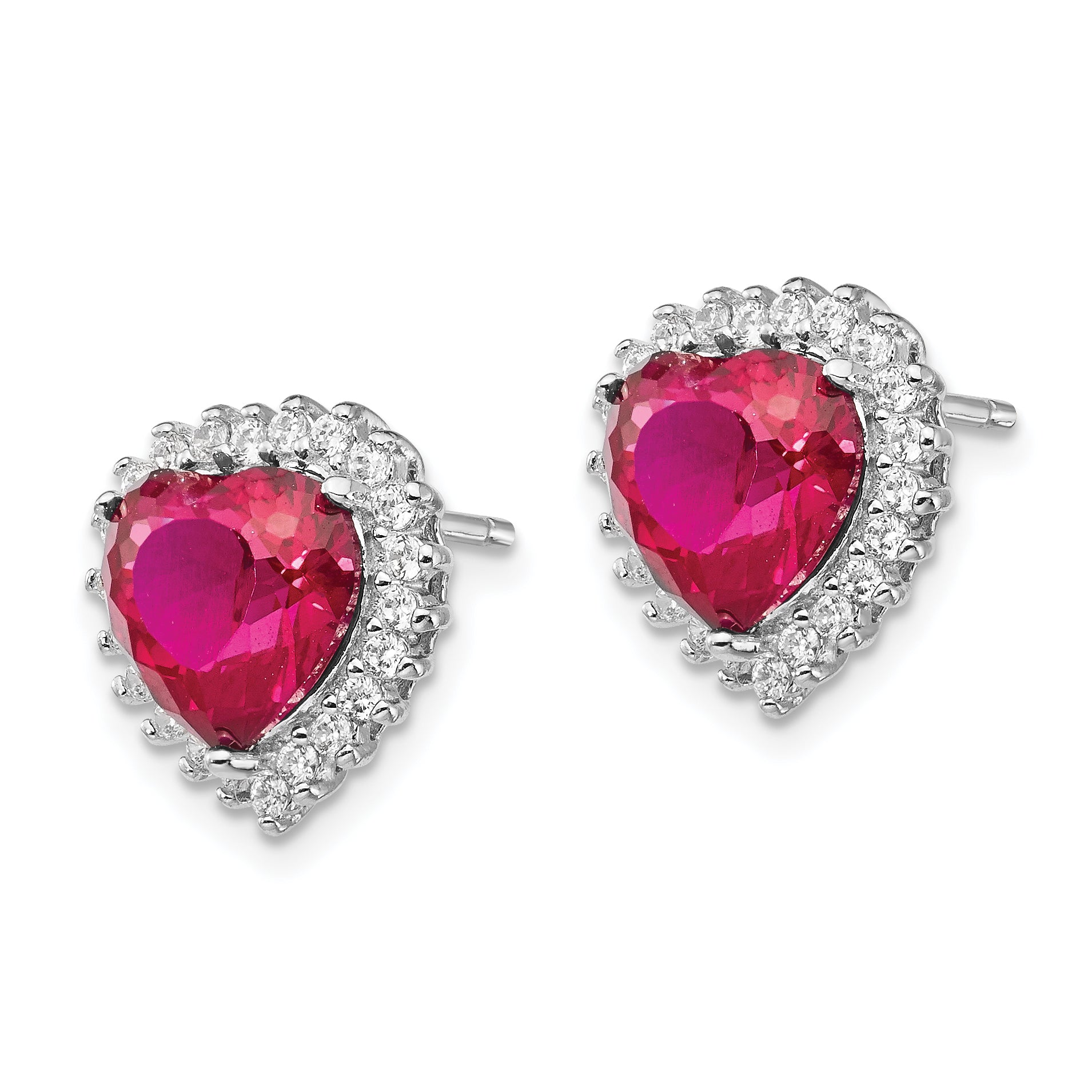 Cheryl M Sterling Silver Rhodium-plated 100 Facet Lab Created Ruby and Brilliant-cut White CZ Heart Halo Post Earrings