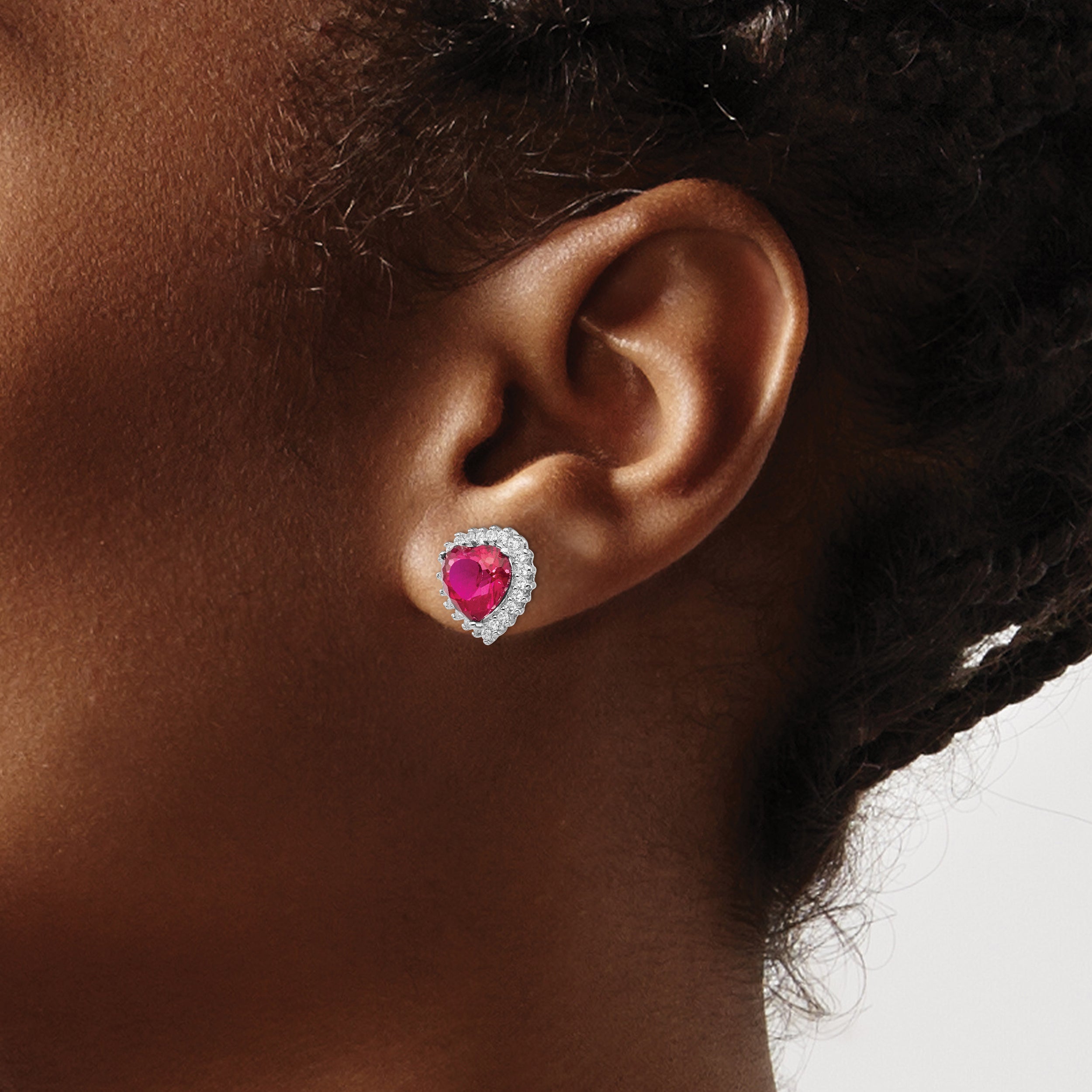 Cheryl M Sterling Silver Rhodium-plated 100 Facet Lab Created Ruby and Brilliant-cut White CZ Heart Halo Post Earrings