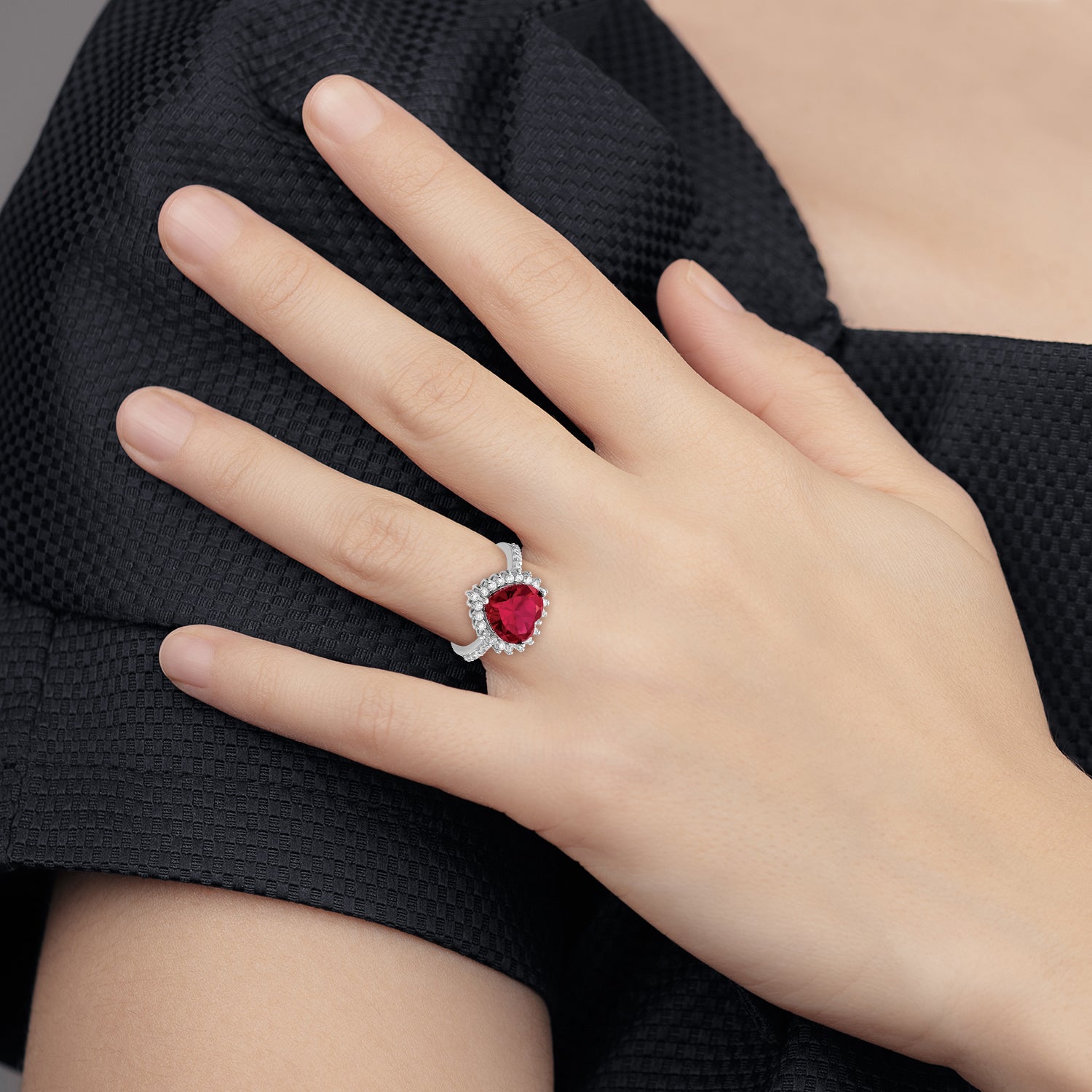 Cheryl M Sterling Silver Rhodium-plated 100 Facet Lab Created Ruby and Brilliant-cut White CZ Heart Halo Ring