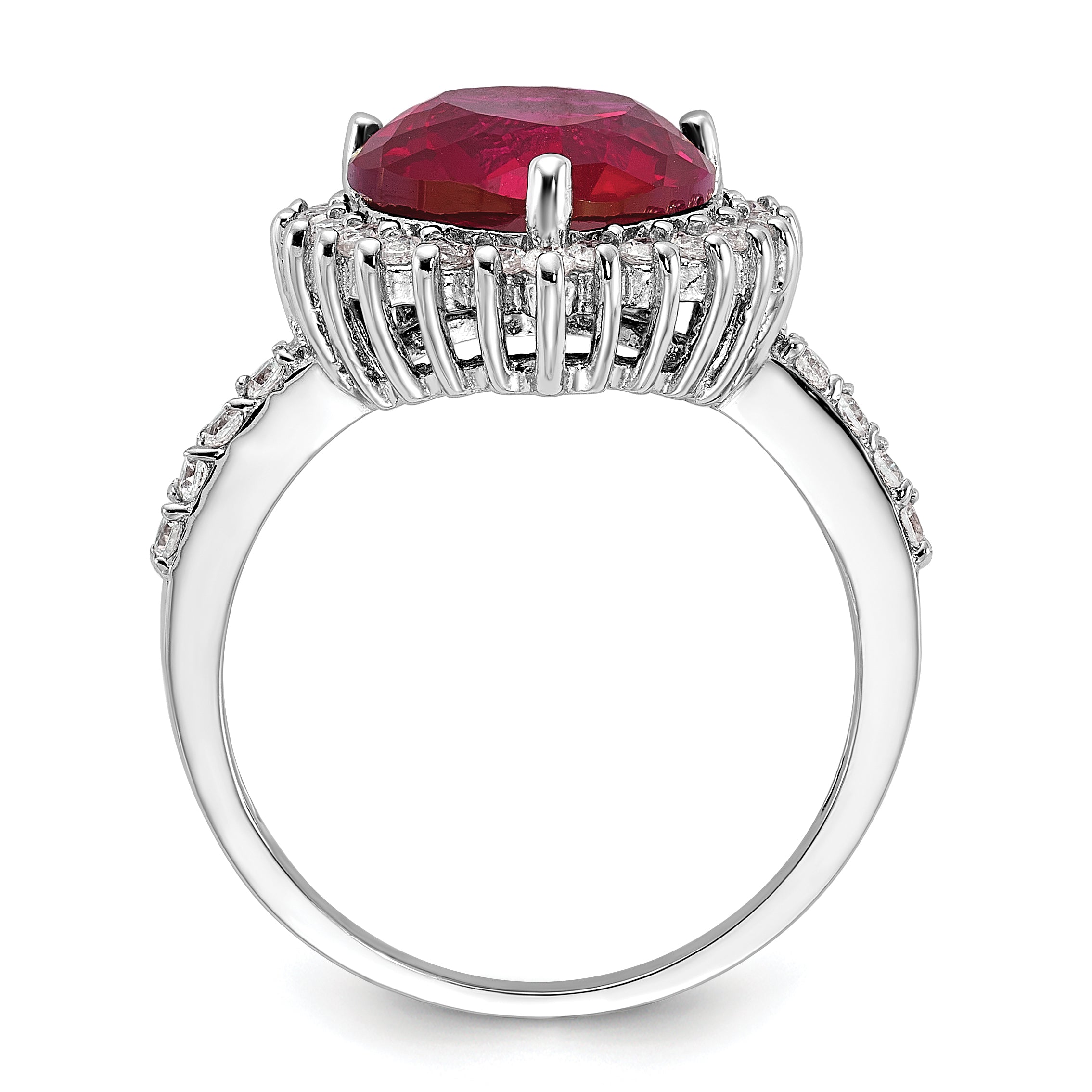 Cheryl M Sterling Silver Rhodium-plated 100 Facet Lab Created Ruby and Brilliant-cut White CZ Heart Halo Ring