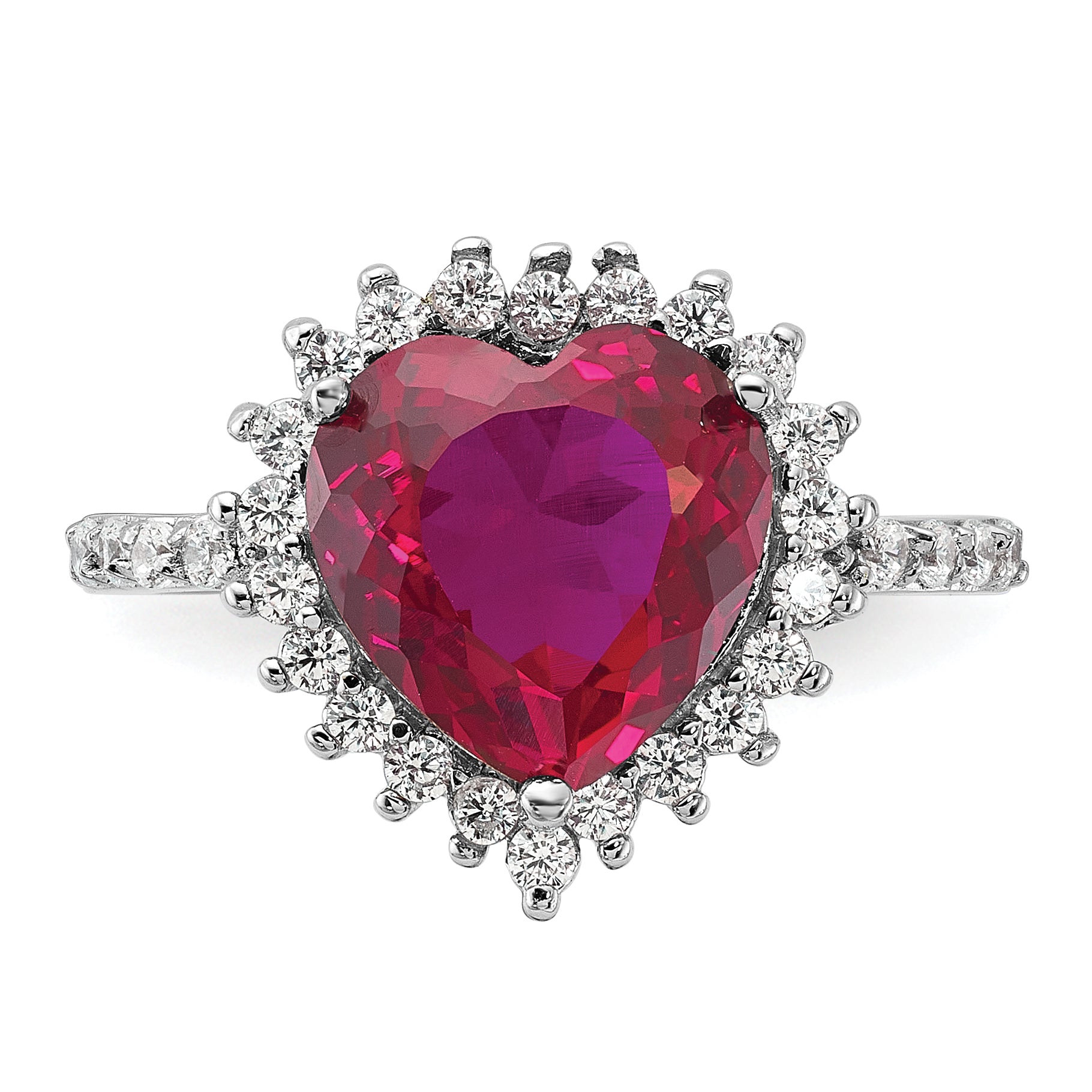 Cheryl M Sterling Silver Rhodium-plated 100 Facet Lab Created Ruby and Brilliant-cut White CZ Heart Halo Ring