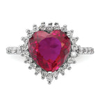 Cheryl M Sterling Silver Rhodium-plated 100 Facet Lab Created Ruby and Brilliant-cut White CZ Heart Halo Ring