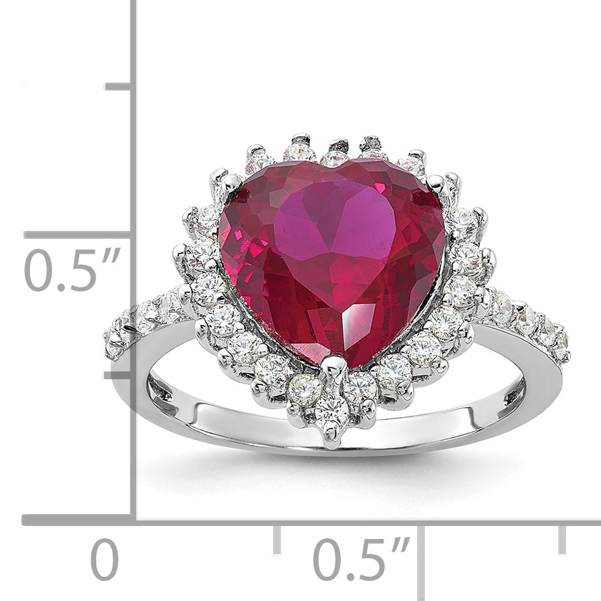 Cheryl M Sterling Silver Rhodium-plated 100 Facet Lab Created Ruby and Brilliant-cut White CZ Heart Halo Ring