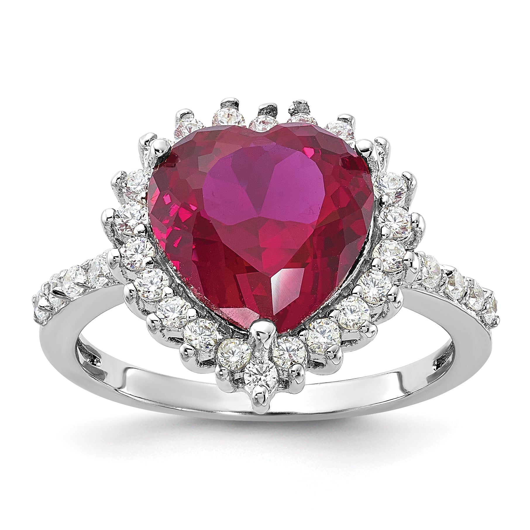 Cheryl M Sterling Silver Rhodium-plated 100 Facet Lab Created Ruby and Brilliant-cut White CZ Heart Halo Ring Main image