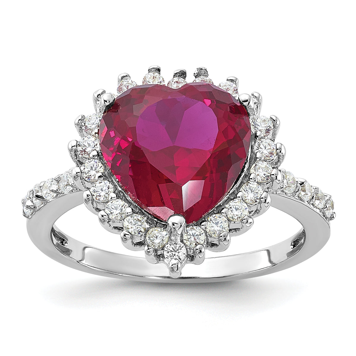 Cheryl M Sterling Silver Rhodium-plated 100 Facet Lab Created Ruby and Brilliant-cut White CZ Heart Halo Ring