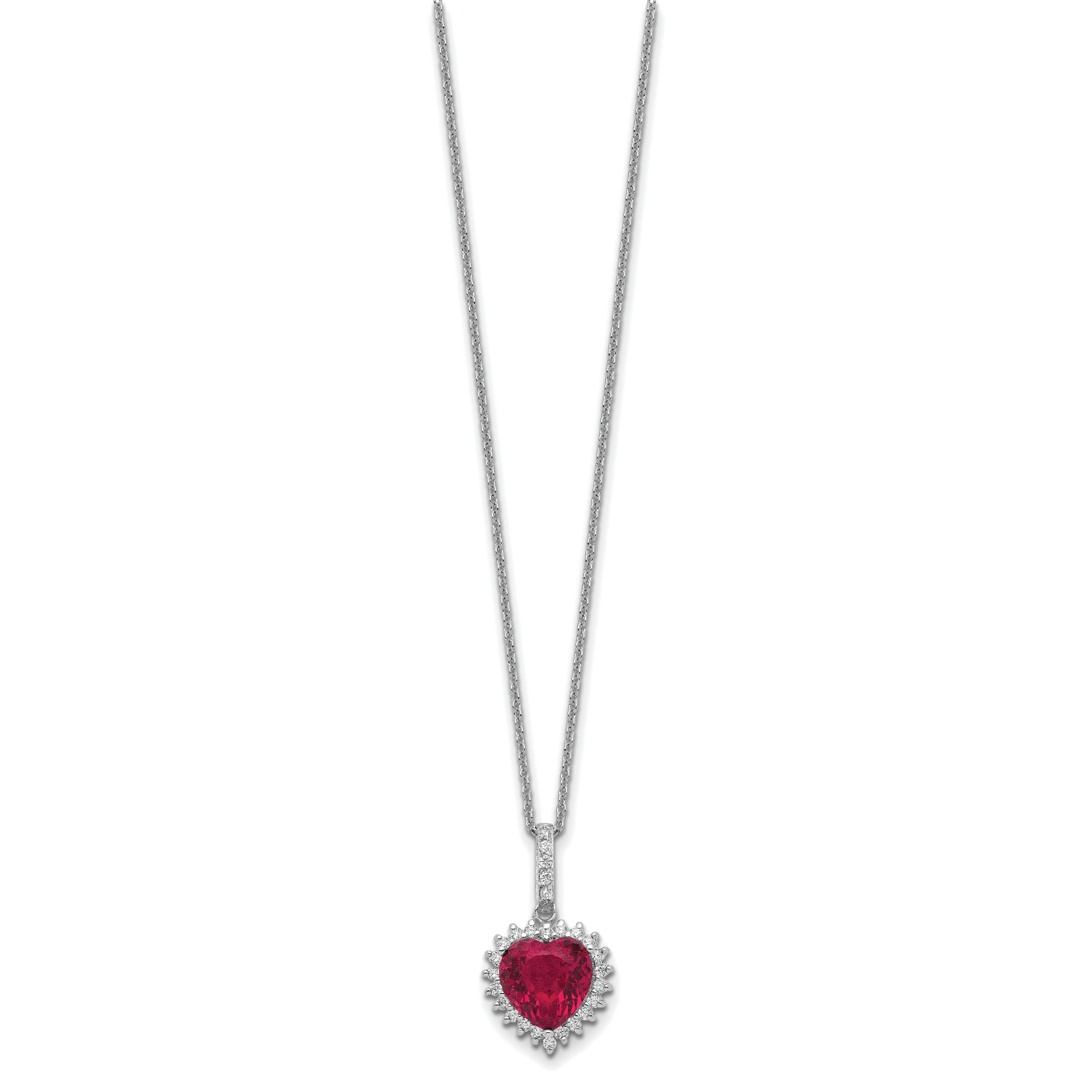 Cheryl M Sterling Silver Rhodium-plated 100 Facet Lab Created Ruby and Brilliant-cut White CZ Heart Halo 18 Inch Necklace Secondary image