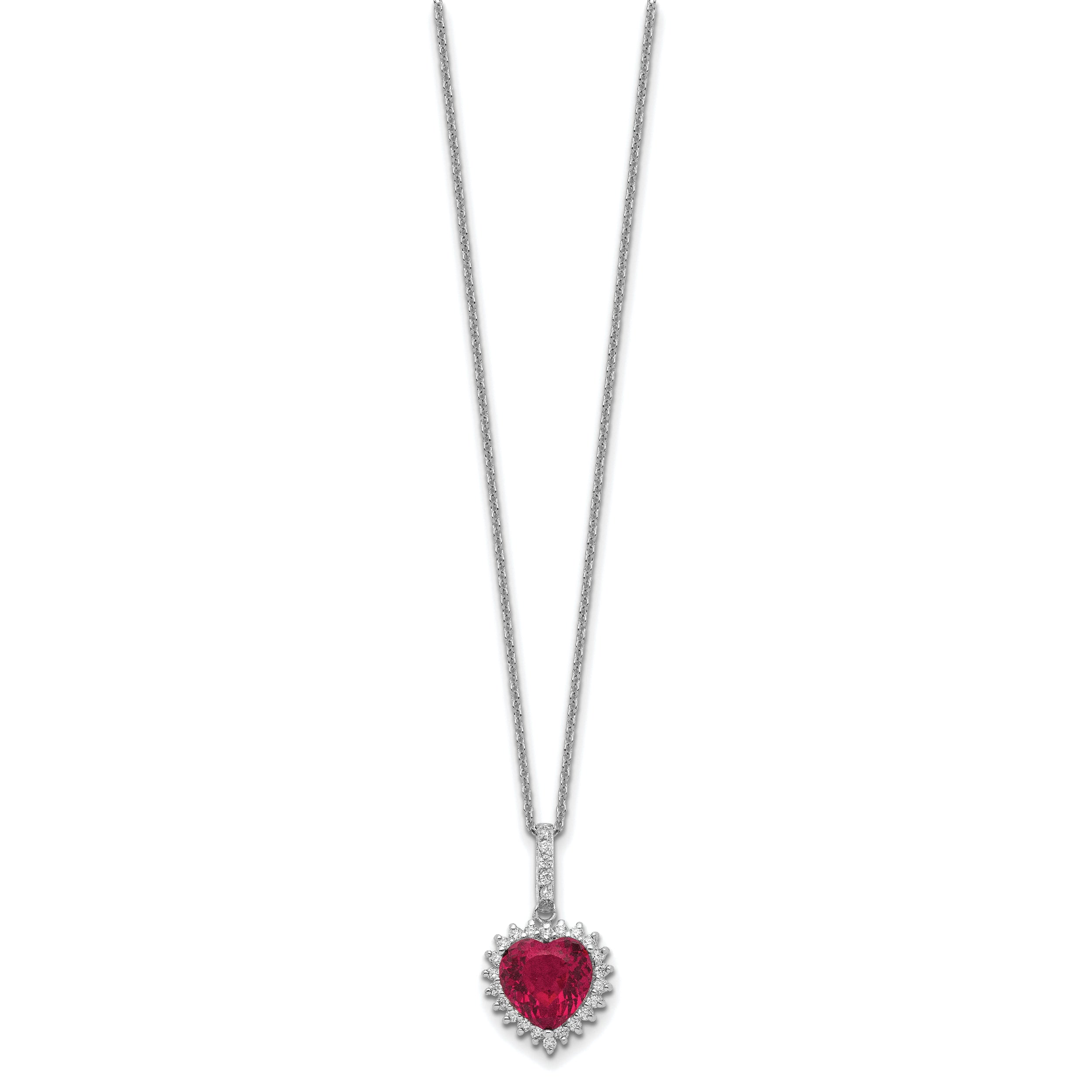 Cheryl M Sterling Silver Rhodium-plated 100 Facet Lab Created Ruby and Brilliant-cut White CZ Heart Halo 18 Inch Necklace