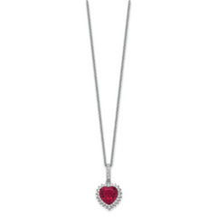 Cheryl M Sterling Silver Rhodium-plated 100 Facet Lab Created Ruby and Brilliant-cut White CZ Heart Halo 18 Inch Necklace