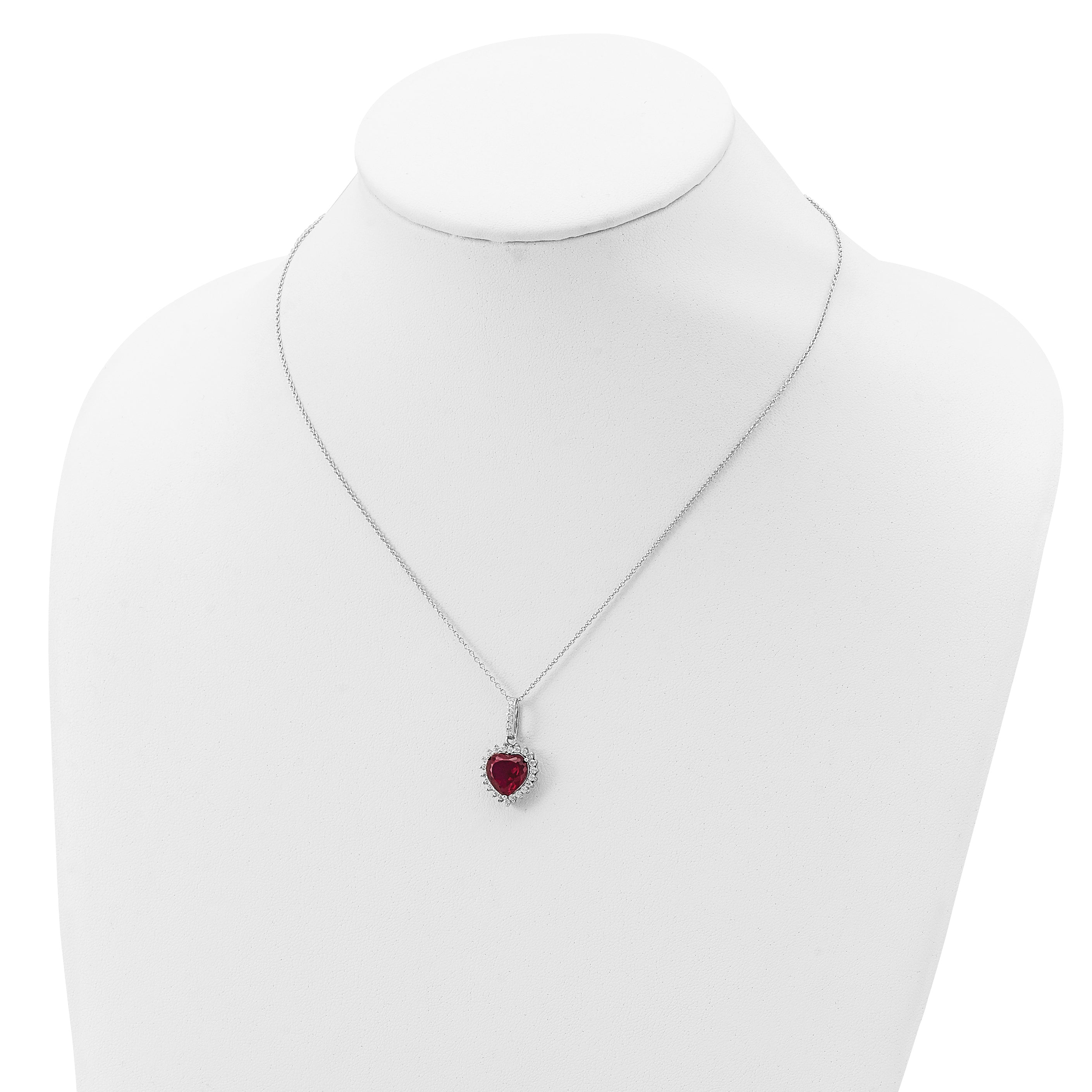 Cheryl M Sterling Silver Rhodium-plated 100 Facet Lab Created Ruby and Brilliant-cut White CZ Heart Halo 18 Inch Necklace