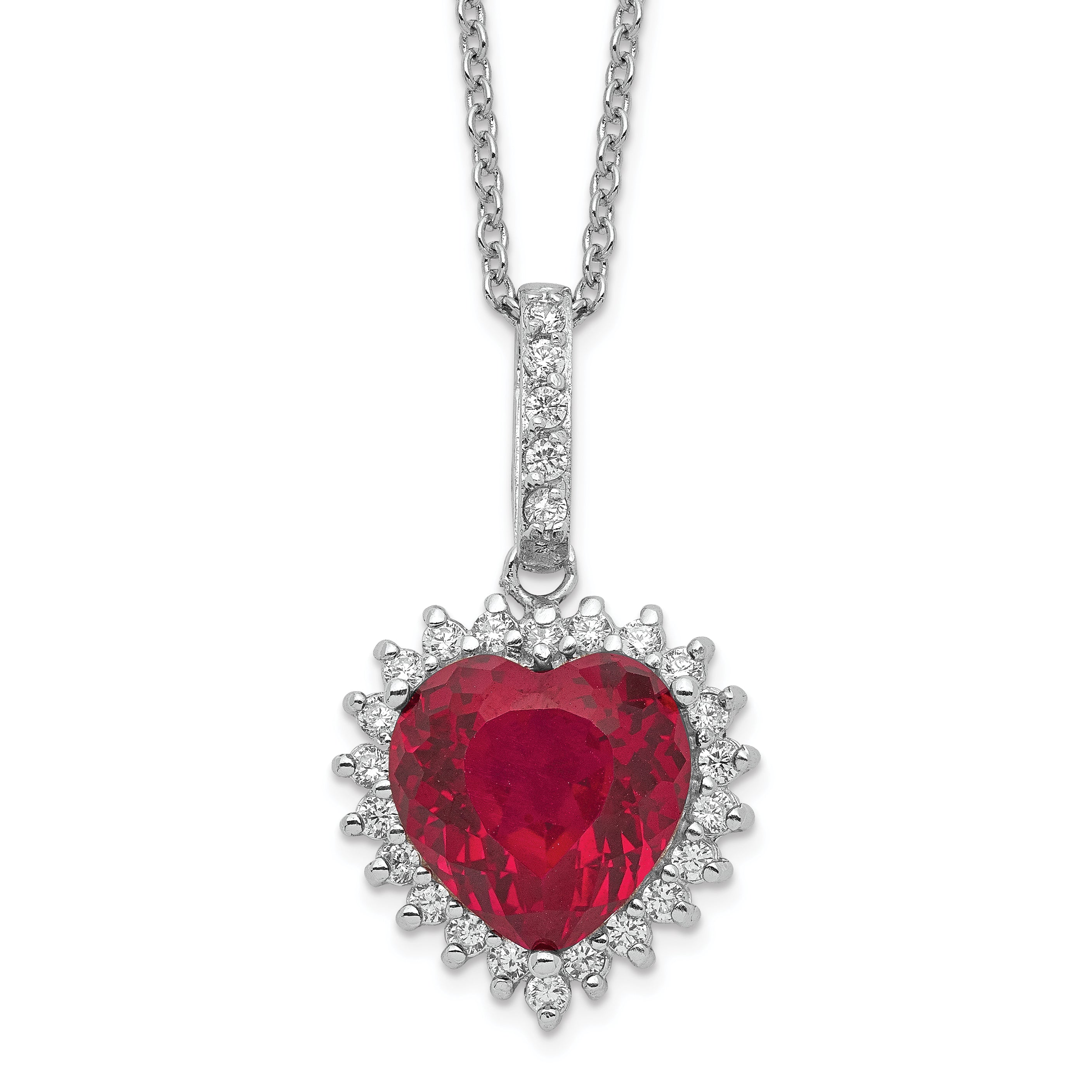 Cheryl M Sterling Silver Rhodium-plated 100 Facet Lab Created Ruby and Brilliant-cut White CZ Heart Halo 18 Inch Necklace